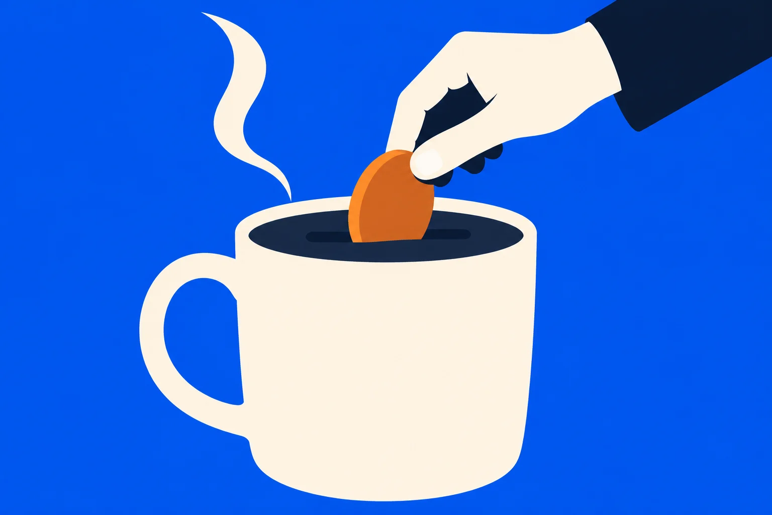 A hand inserts an orange coin into a slot in a steaming cream-colored coffee cup against a bright blue background.