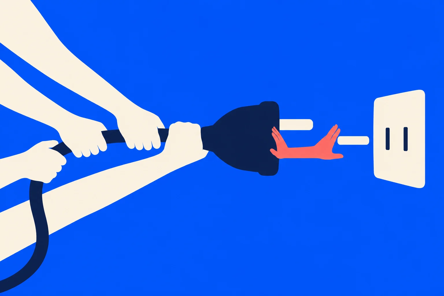 Several pale hands grip a dark electrical plug with red arms reaching toward a cream wall socket against a bright blue background.