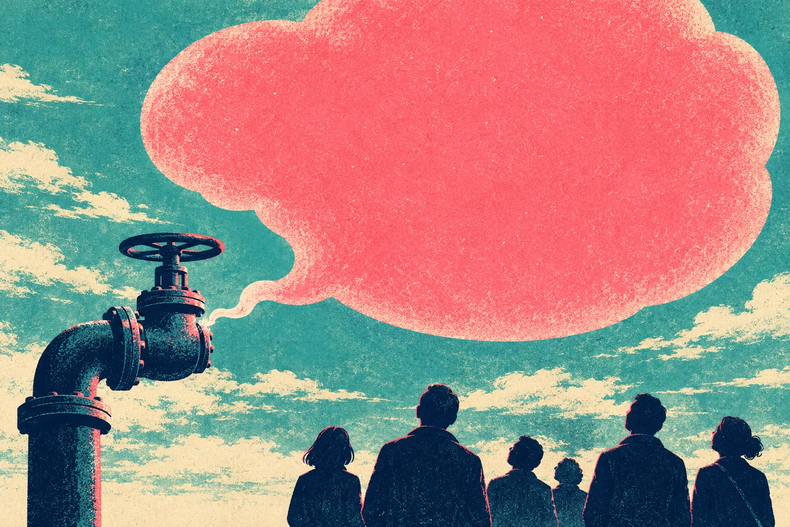 Six silhouetted people look up at a large coral cloud emerging from an industrial pipe against a textured teal sky.