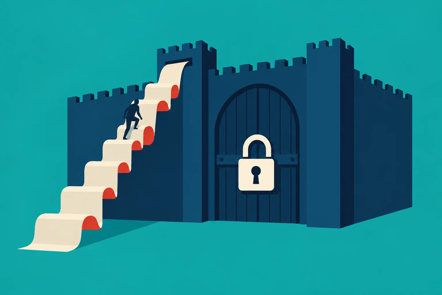 A person climbs a winding paper staircase beside a dark blue fortress with a large padlock on its gate against a turquoise background.