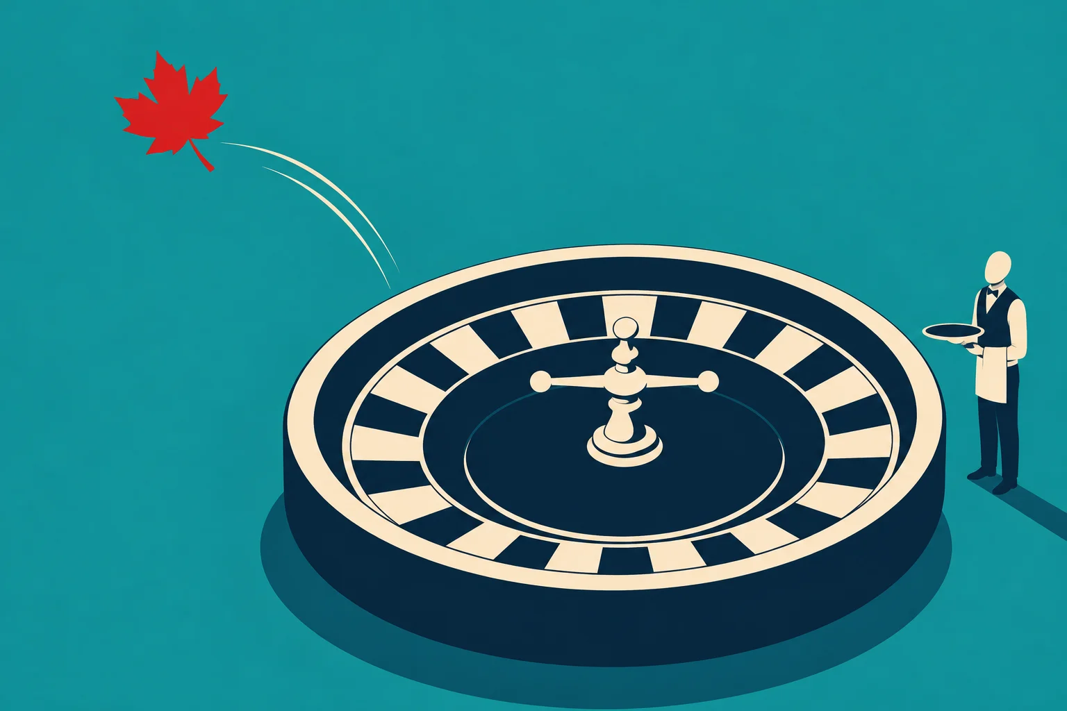 A stylized roulette wheel sits on a teal background beside a waiter holding a tray, while a red maple leaf flies above it.