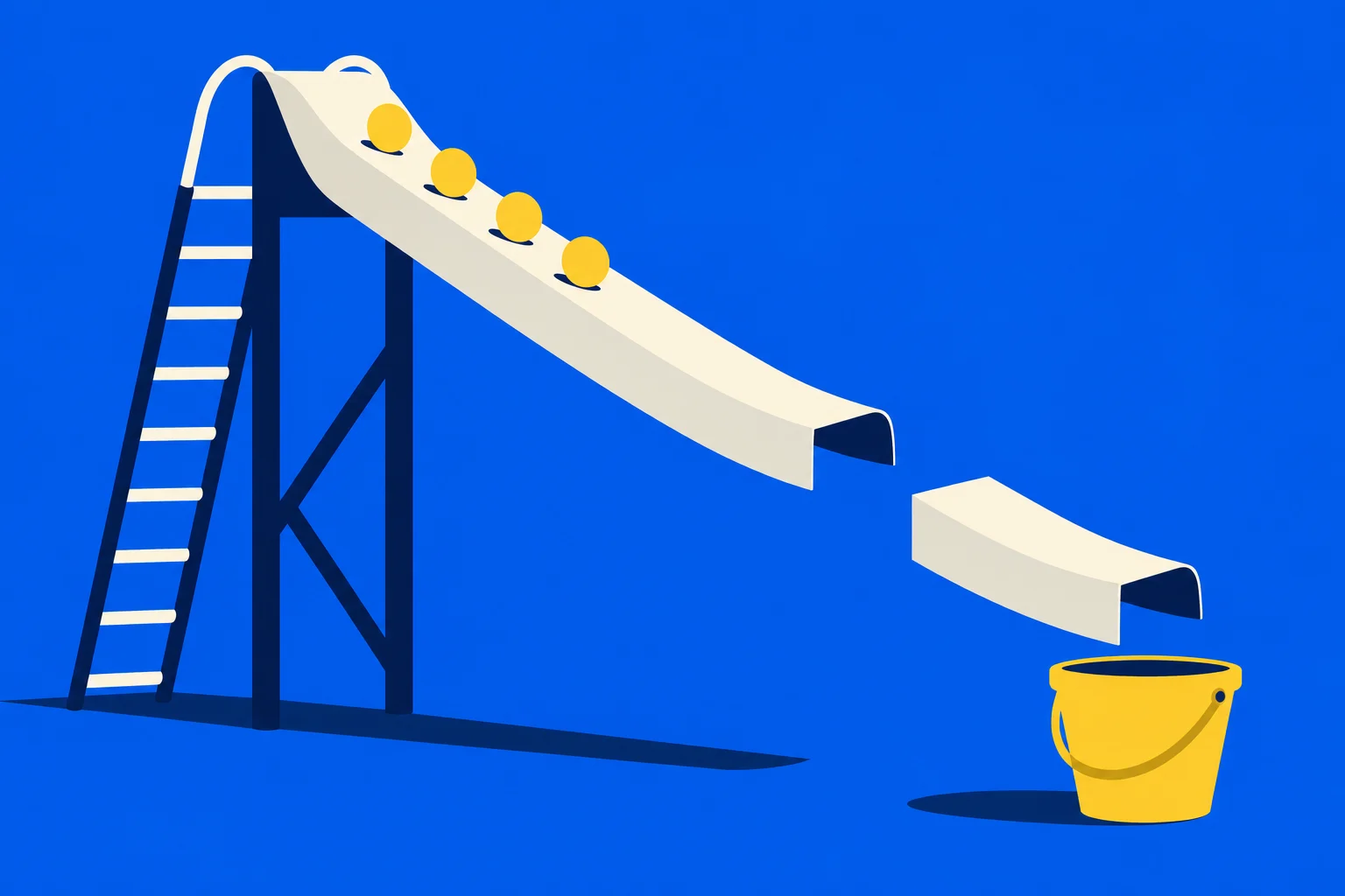 Four yellow balls rest on a cream slide with a gap before a detached lower section leading toward a yellow bucket, against a blue background.