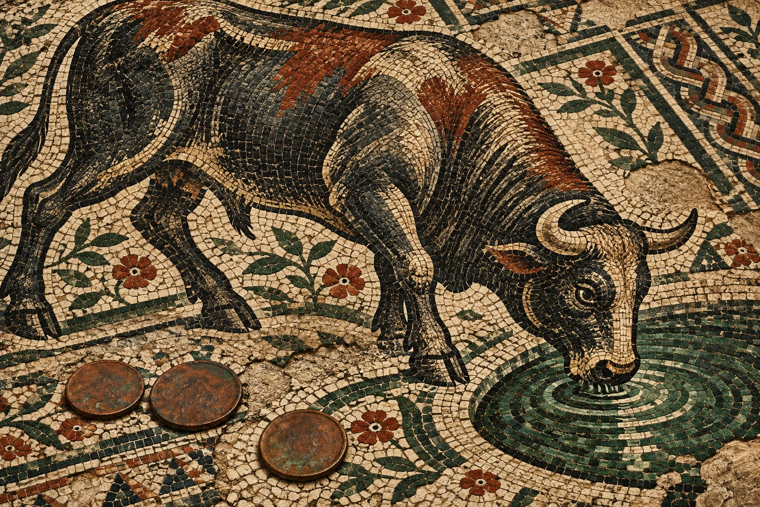 An ancient mosaic depicts a horned bull drinking from rippling water, surrounded by floral patterns, with three weathered metal discs resting on the tiles.
