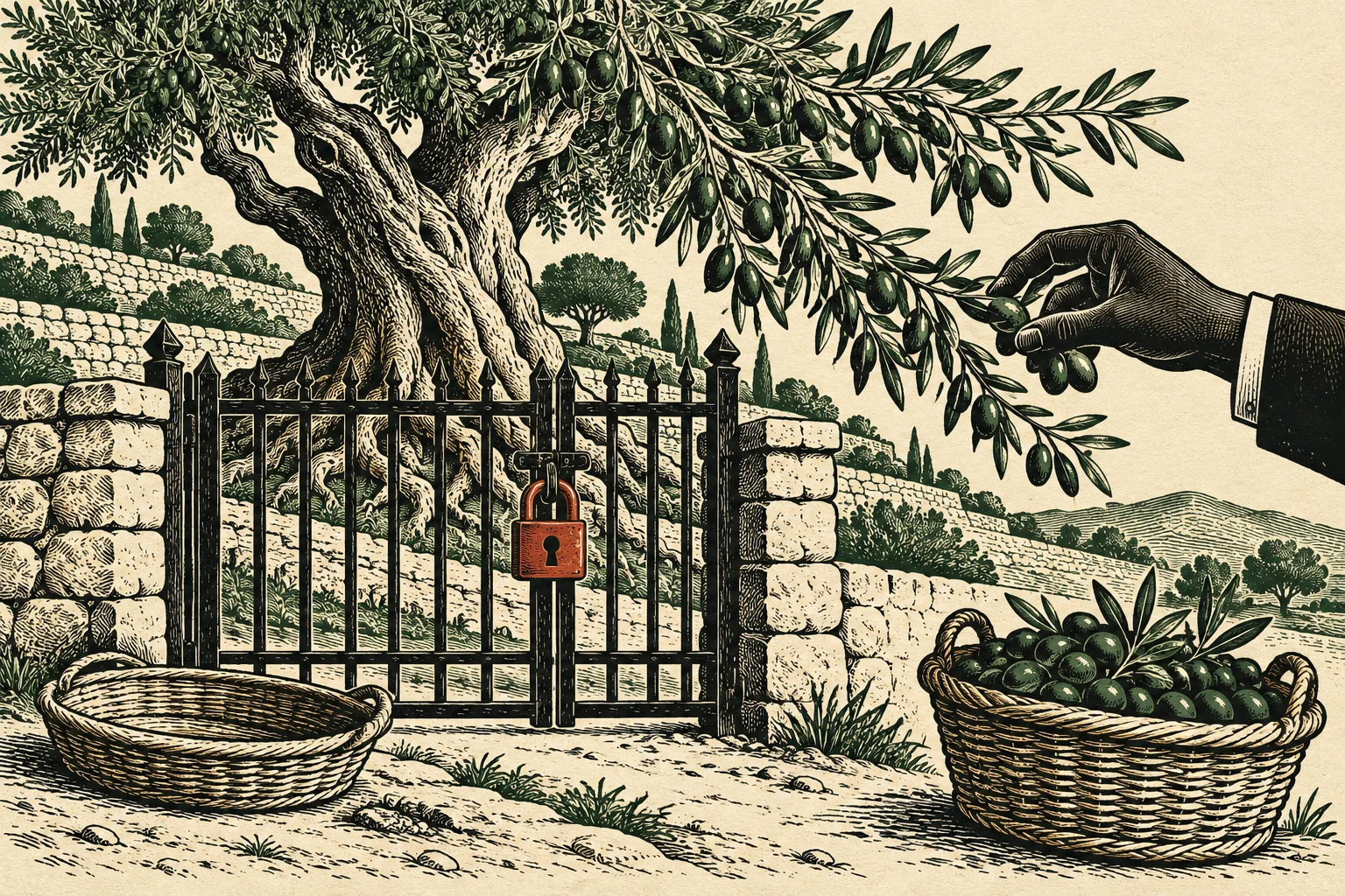 A vintage-style illustration shows a locked gate beneath an olive tree, an empty basket, a full olive basket, and a hand picking olives.