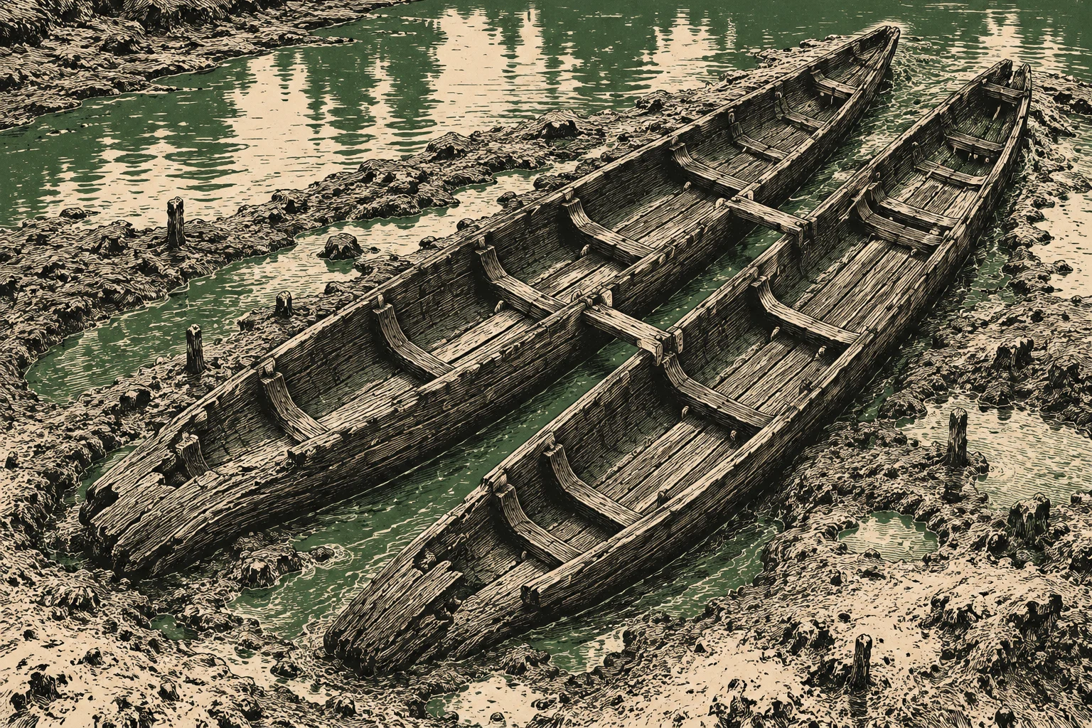 Two long wooden dugout boats rest side by side in shallow green water amid muddy banks and tree stumps, rendered in a detailed woodcut style.