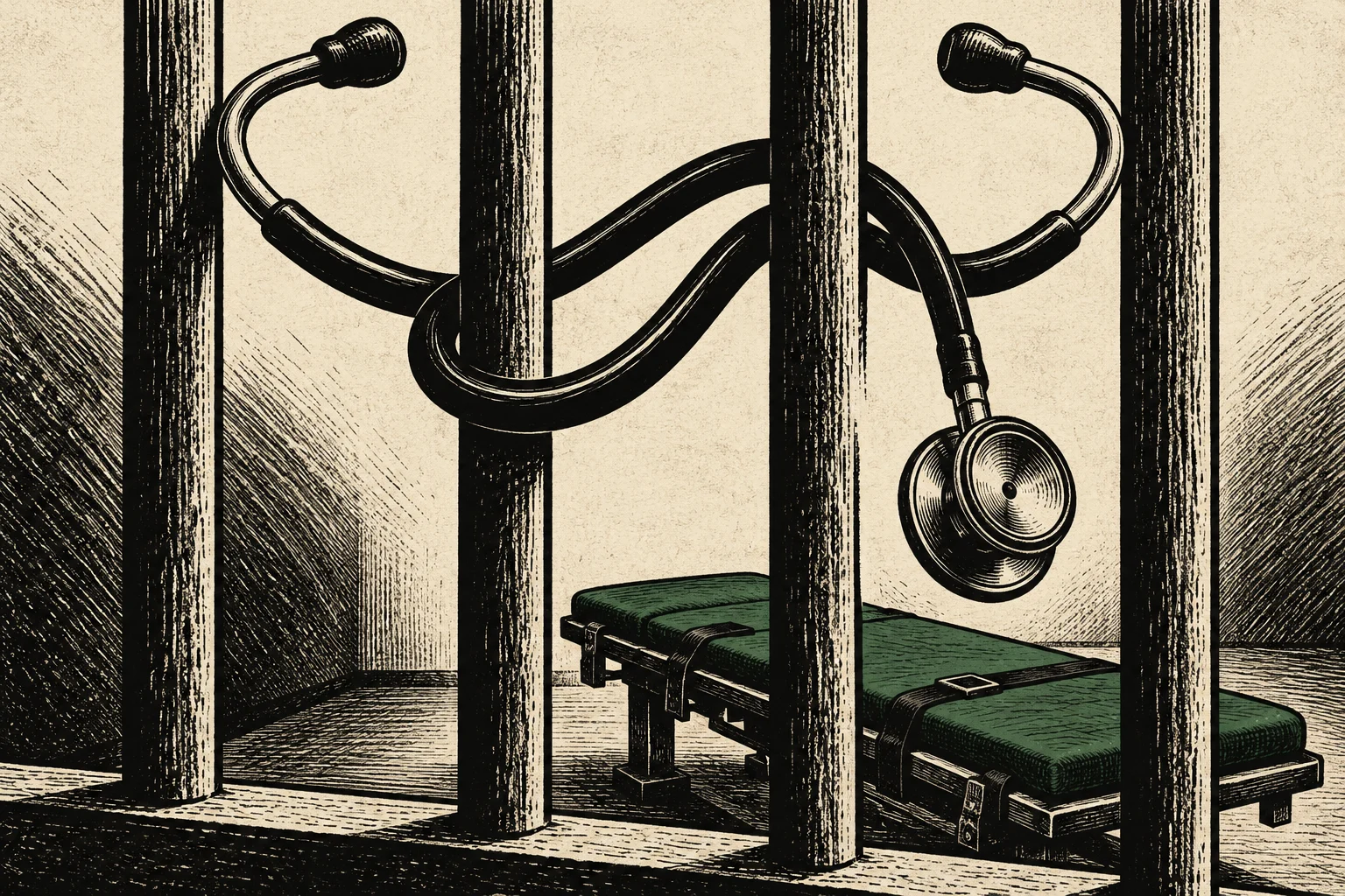 A vintage-style illustration shows a stethoscope draped through prison bars above a green padded table with restraining straps.