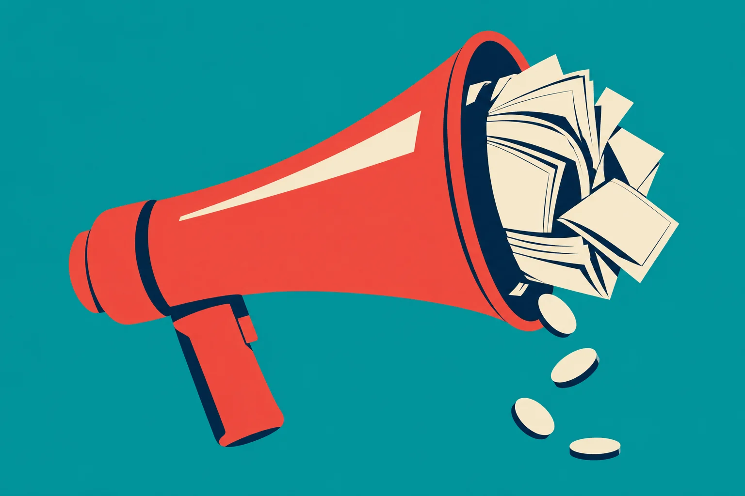 A red megaphone on a teal background blasts out cream-colored sheets of paper, with several coins falling below.