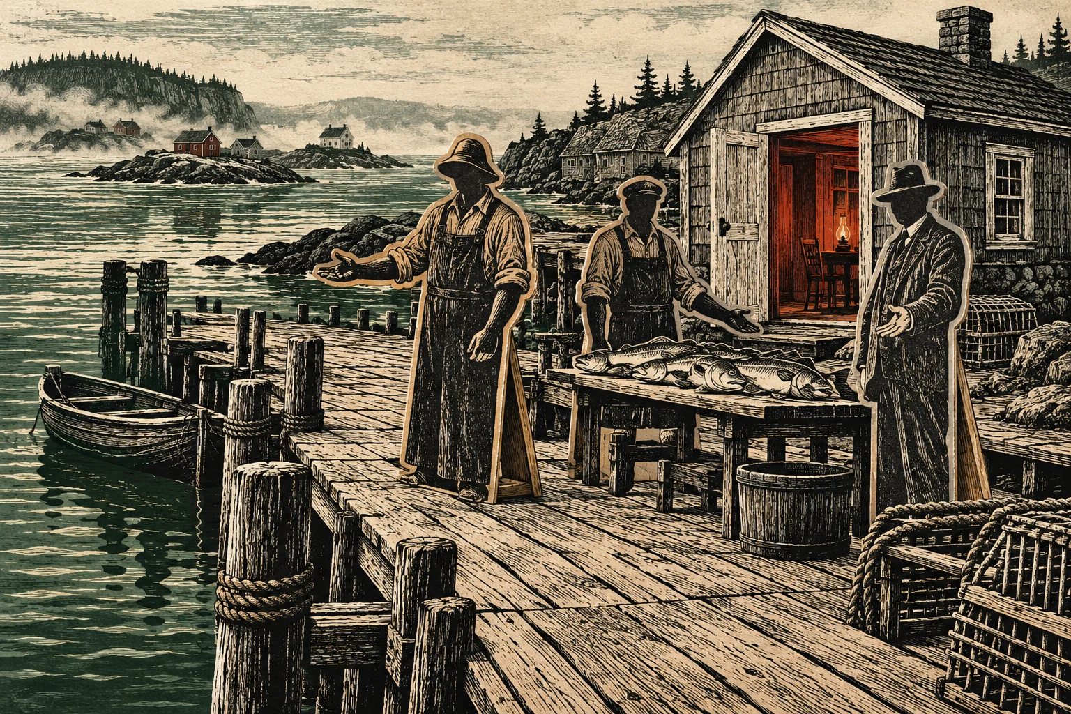 Three men display fish on a wooden dock beside a fishing shack with a glowing doorway, overlooking boats, rocky islands, and a misty coastal village.