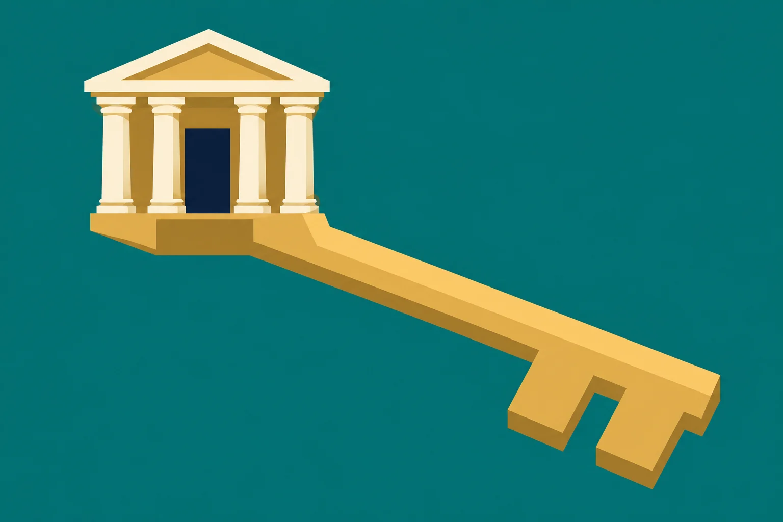 A golden key with a classical temple forming its head stretches diagonally across a teal background.