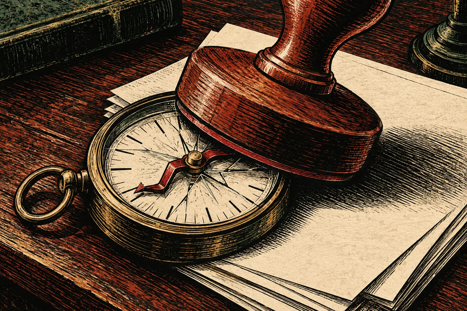 A vintage engraving shows a large wooden stamp resting on a brass compass atop blank papers on a dark wooden desk.