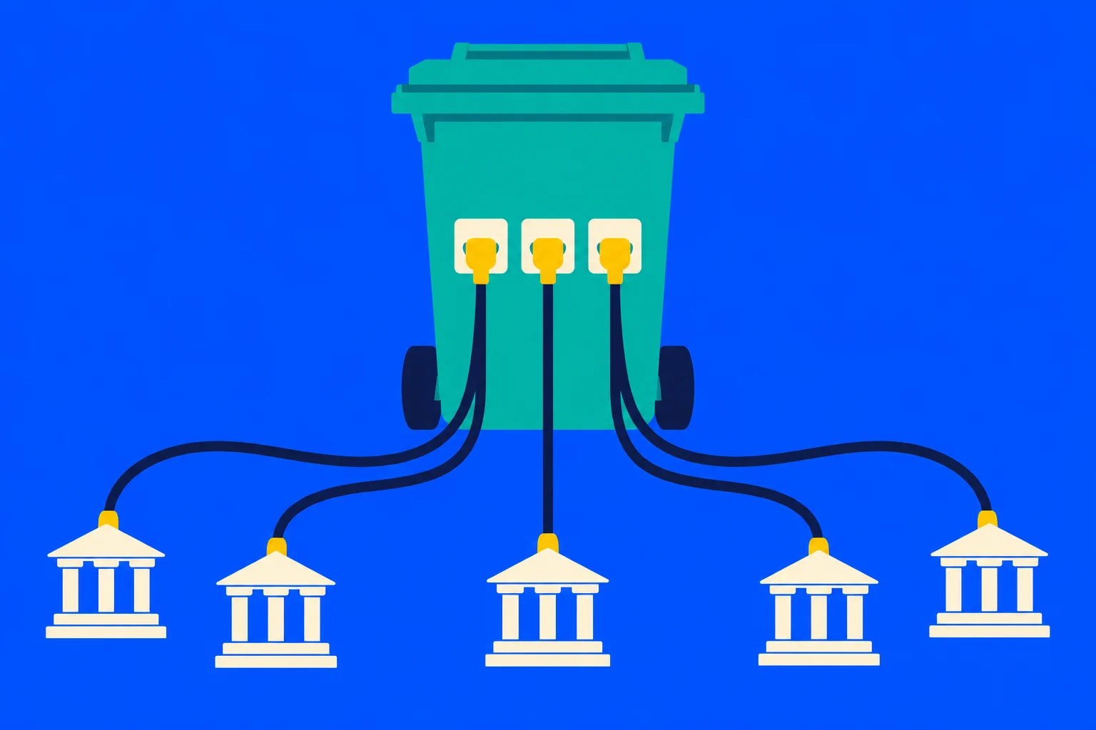 A green wheeled trash bin with three electrical sockets connects through dark cables to five cream-colored bank buildings against a bright blue background.