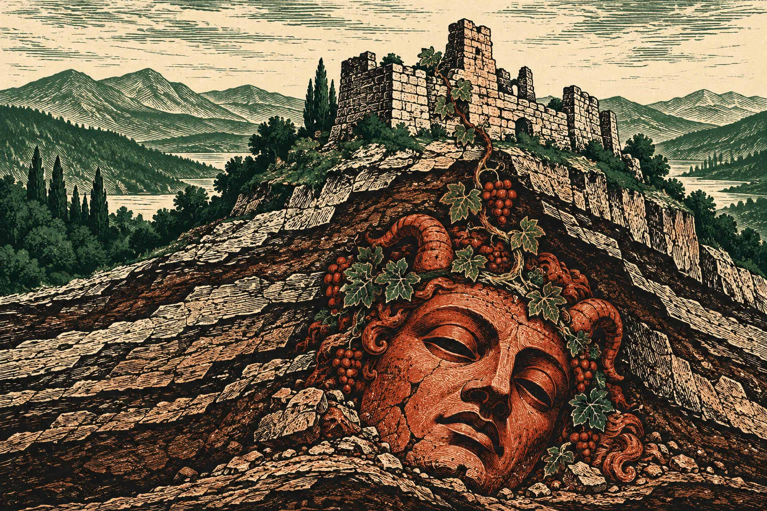 A vintage-style illustration shows a giant horned stone face adorned with grapevines embedded in a rocky hillside beneath castle ruins, with mountains and lakes beyond.
