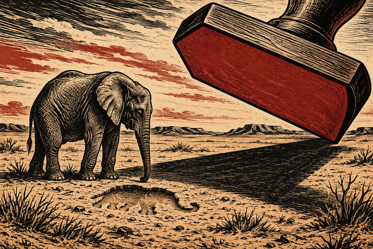 A woodcut-style elephant stands in a dry landscape beneath an enormous red rubber stamp casting a dark shadow beside an elephant-shaped depression.