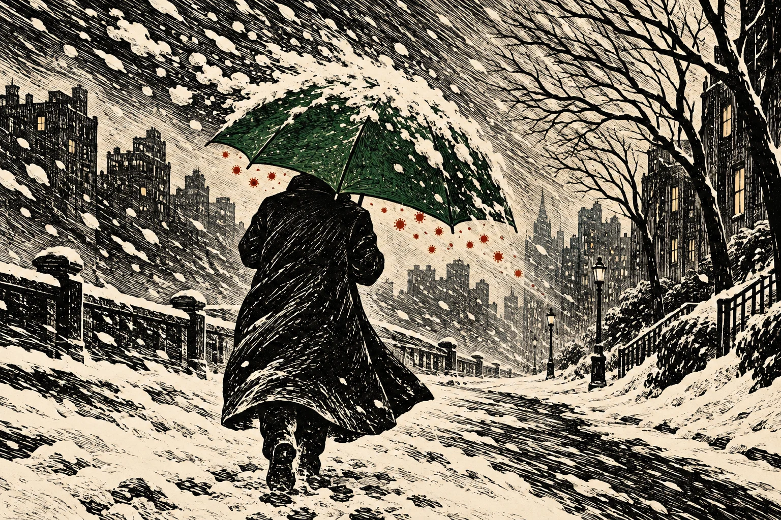 A person carrying a snow-covered green umbrella walks through a snowy city street amid dark buildings, bare trees, and red specks beneath the umbrella.