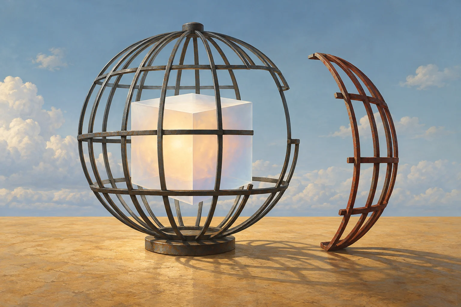 A glowing translucent cube sits inside an open spherical metal cage, with a detached curved section standing beside it on sandy ground beneath a cloudy sky.