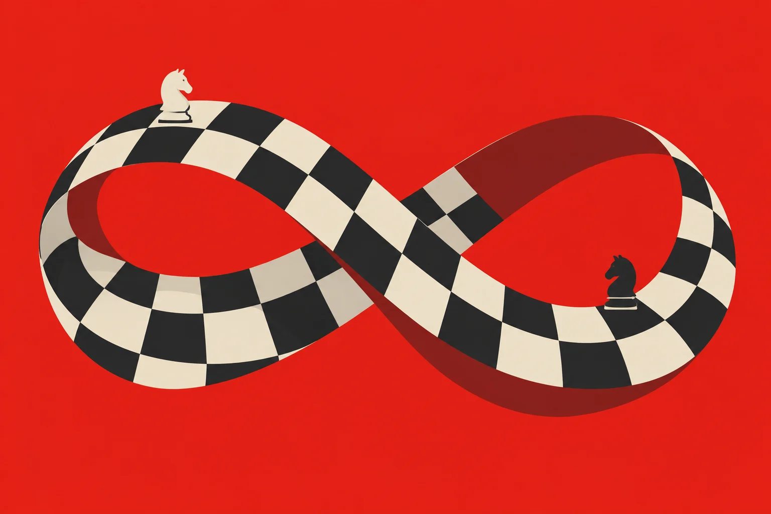 A looping infinity-shaped black-and-cream chessboard ribbon holds a white knight on the left and a black knight on the right against a red background.