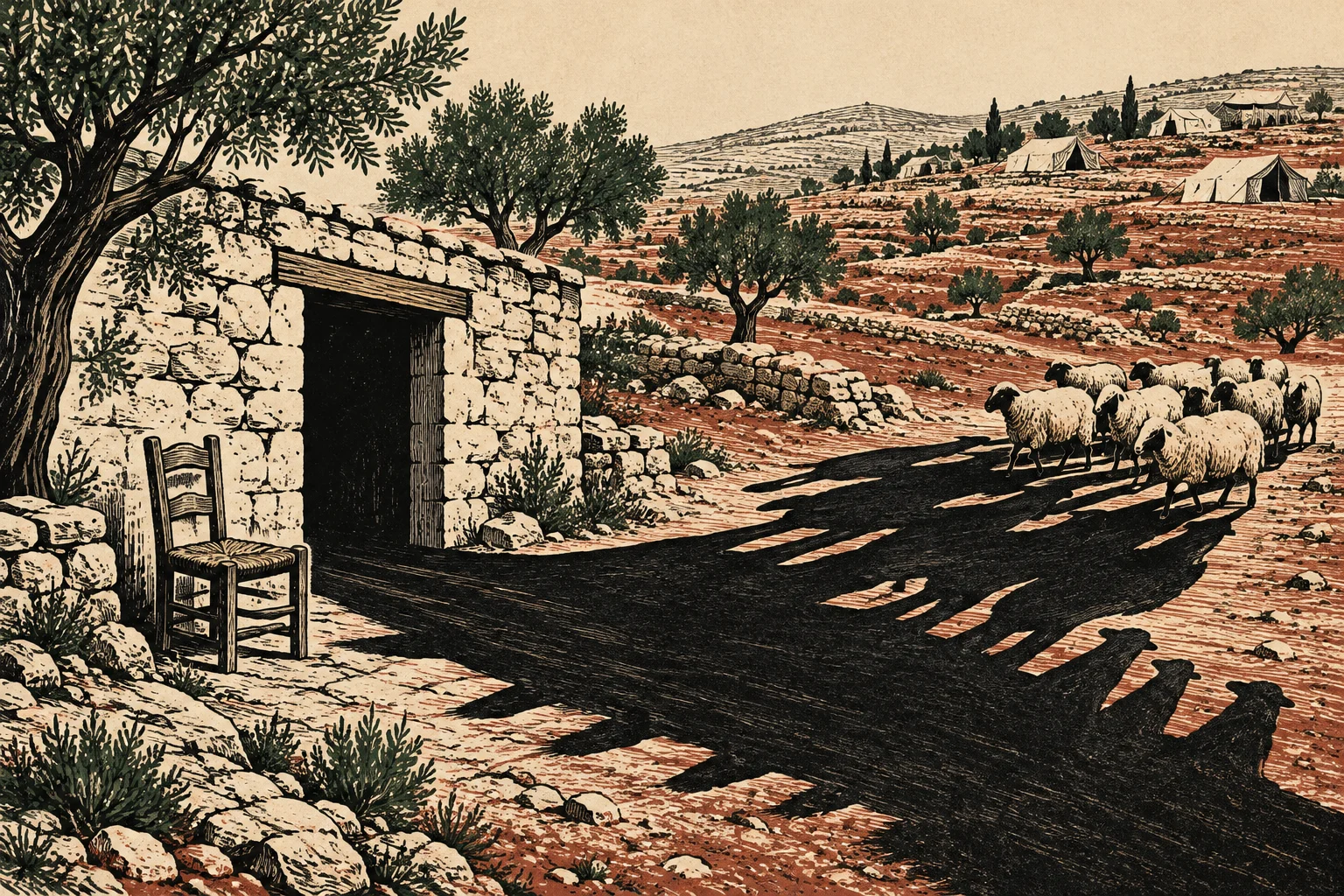 Sheep cast long shadows toward a stone hut with a wooden chair outside, amid olive trees, rocky terraces, and distant tents.