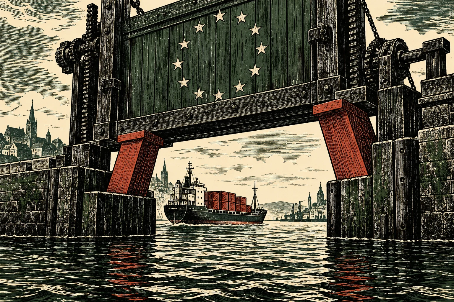 A cargo ship passes beneath a raised wooden harbor gate bearing twelve stars in a circle, with red supports, waterfront buildings, and rippling water.
