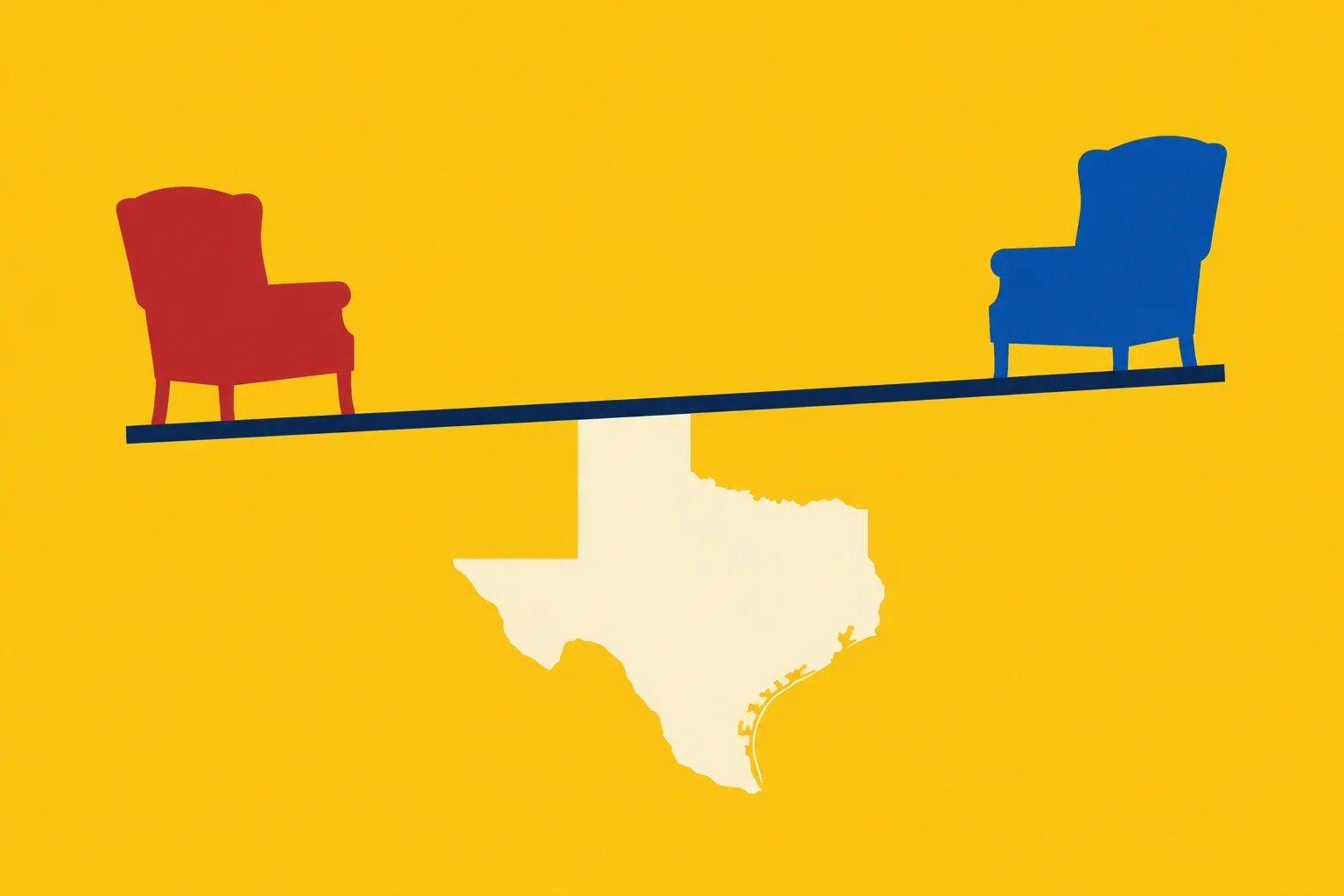 A red chair and a blue chair sit at opposite ends of a tilted balance beam supported by a white Texas silhouette against a yellow background.