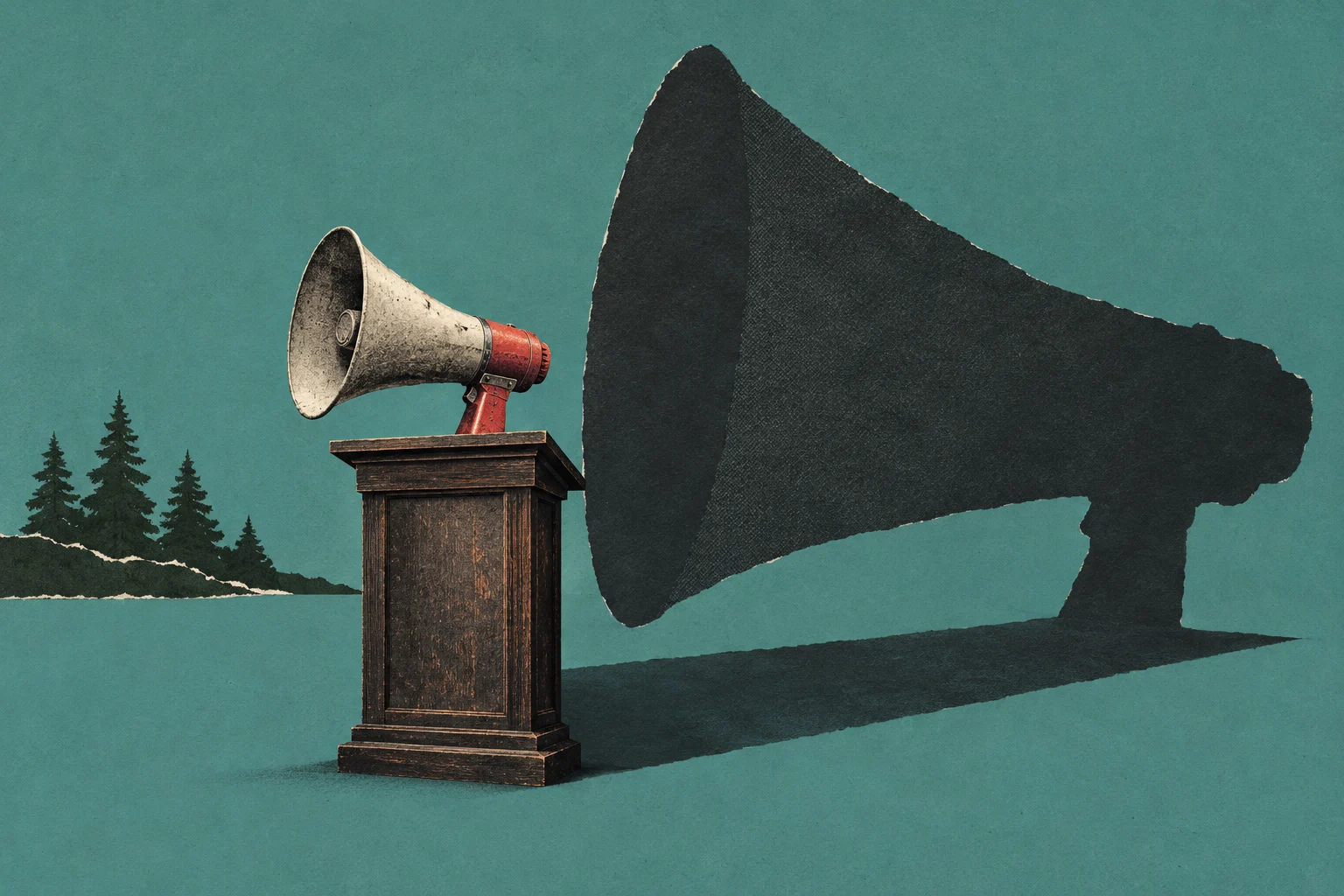 A vintage megaphone sits on a wooden podium against a teal background, casting an enormous megaphone-shaped shadow, with evergreen trees at left.
