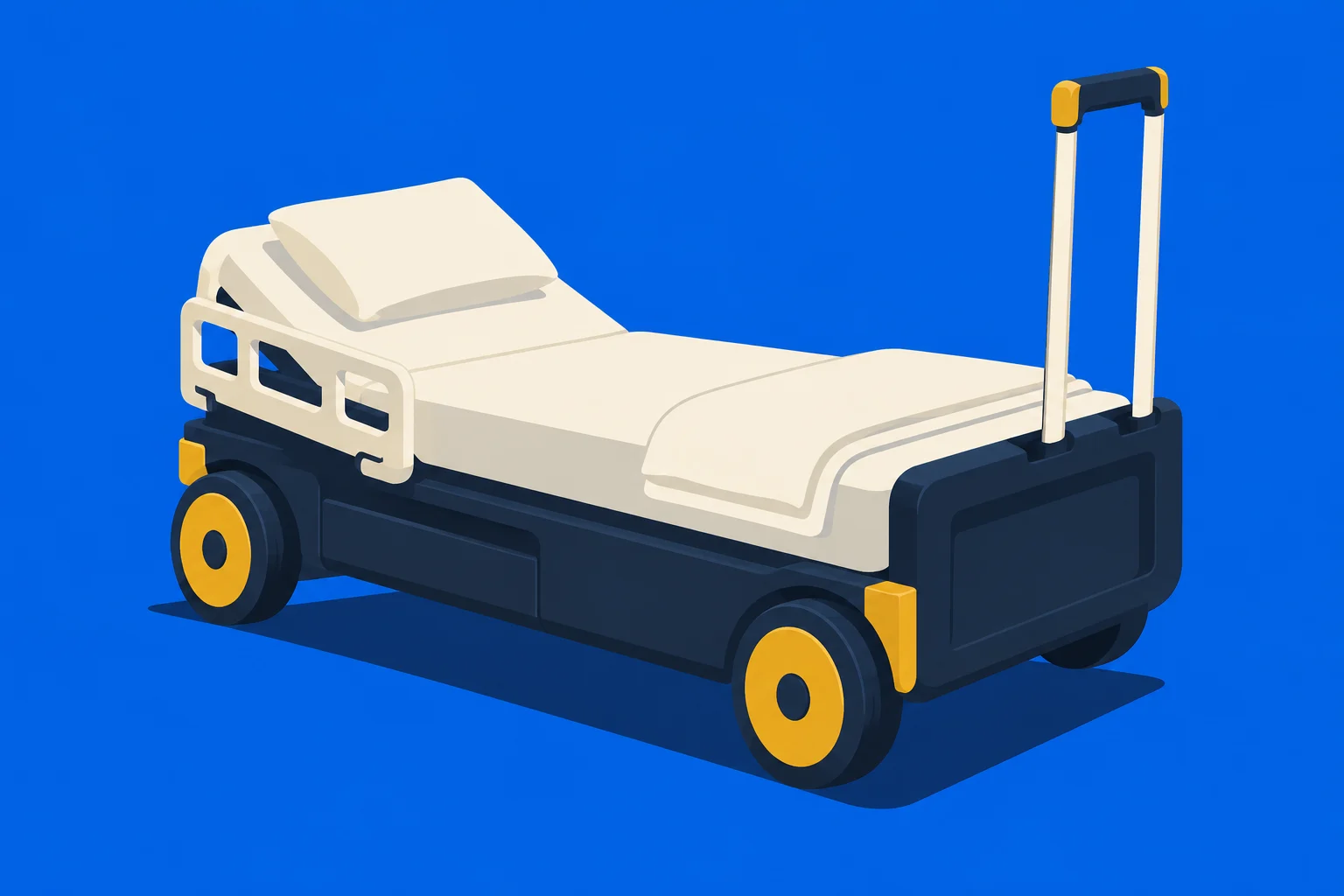 A stylized hospital bed on wheels resembles a rolling suitcase, with cream bedding, a dark blue frame, yellow wheel hubs, and an extended handle against blue.