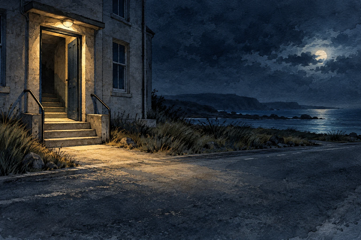 A warmly lit open doorway overlooks a dark coastal road, windswept grasses, rocky shoreline, and moonlit sea beneath cloudy skies.