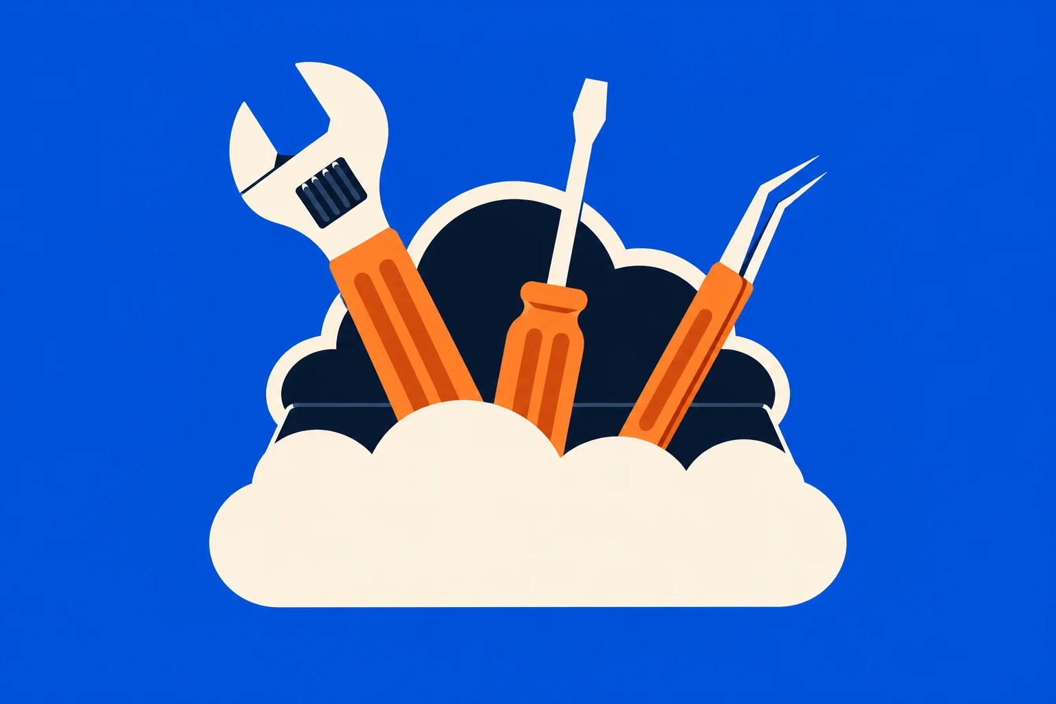An orange-handled wrench, screwdriver, and tweezers rise from a cream-colored cloud shape against a bright blue background.