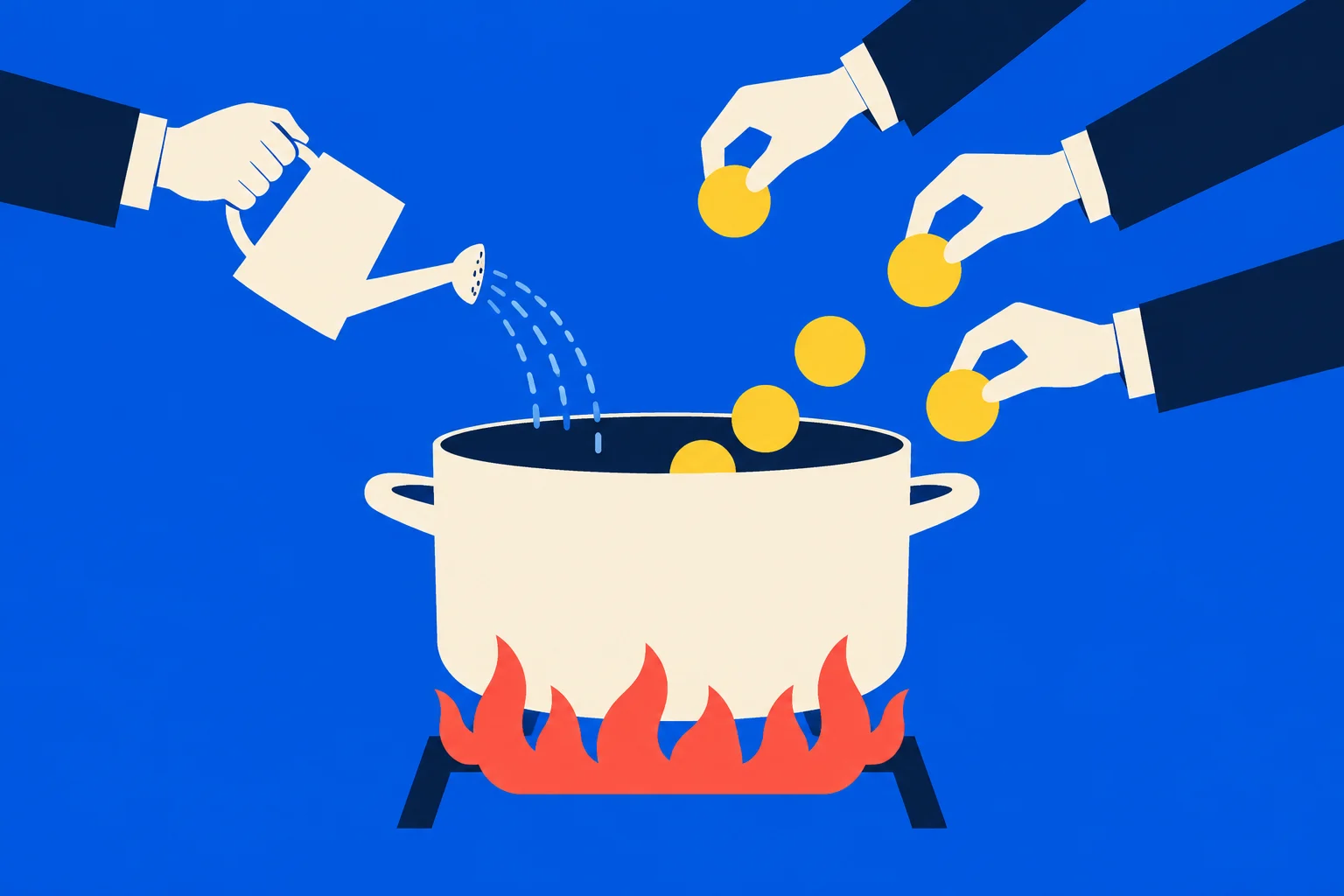 Three hands drop gold coins into a pot over flames while another hand pours water into it from a watering can against a blue background.