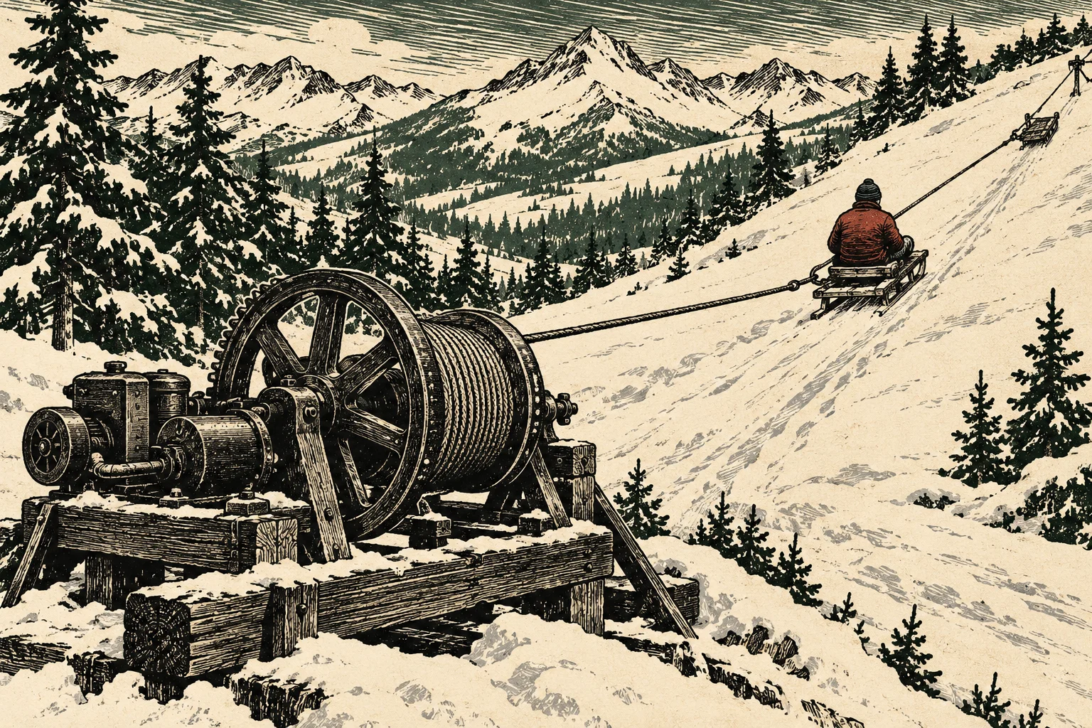 A vintage illustration shows a motorized winch pulling a seated sled rider uphill through a snowy mountain landscape dotted with evergreen trees.