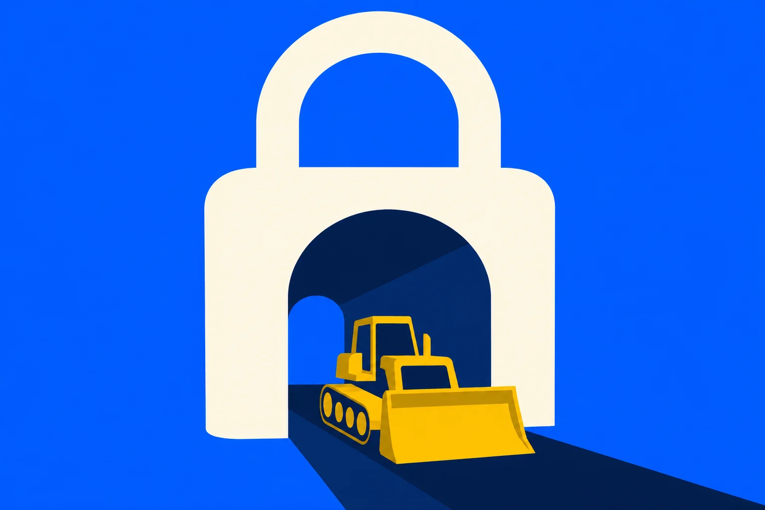 A yellow bulldozer drives out through the dark opening of a large cream padlock against a bright blue background.