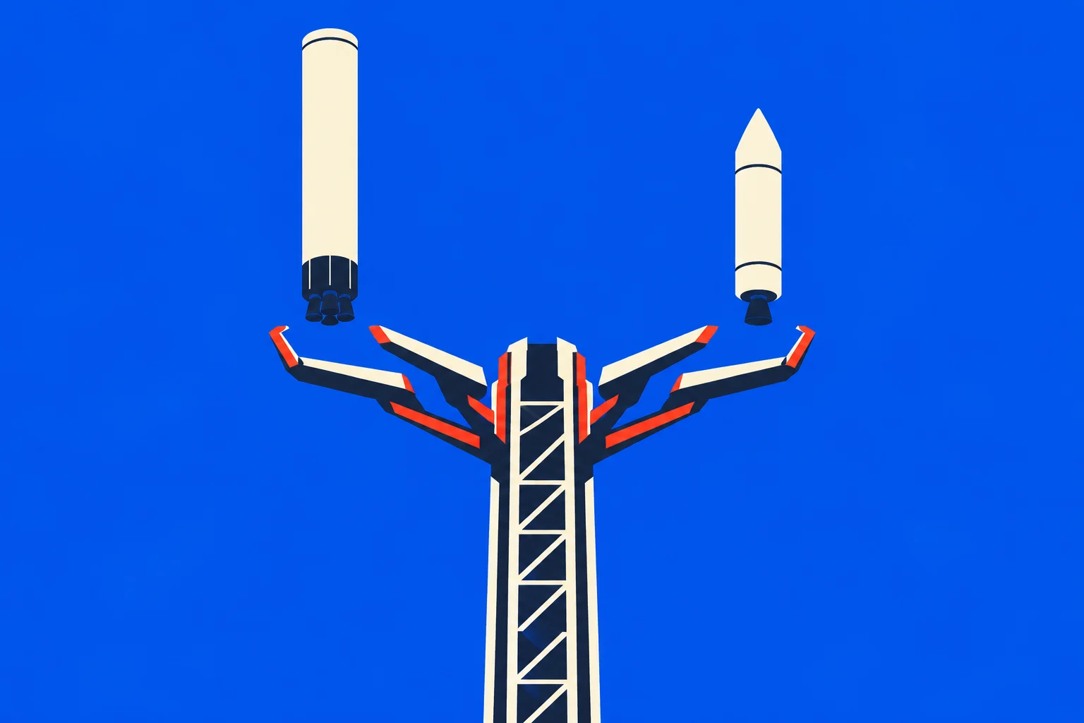 Two cream-colored rocket sections hover above a dark launch tower with outstretched mechanical arms against a bright blue background.
