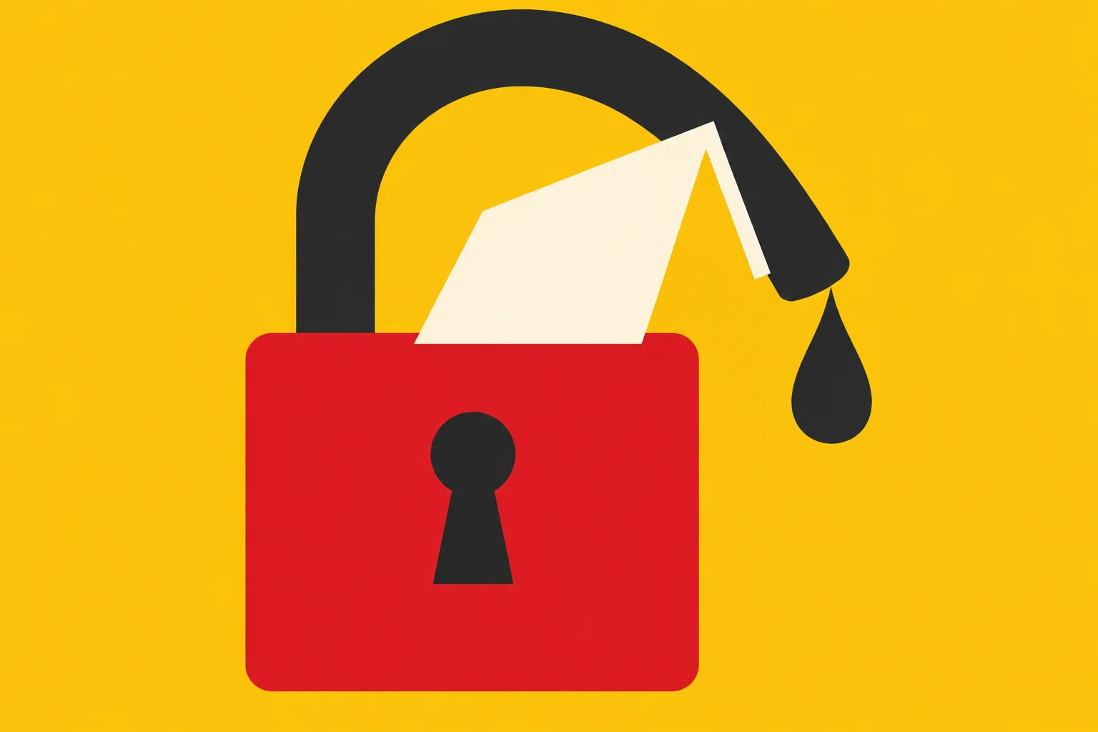 A red padlock with a black keyhole and an open black shackle dripping a black drop, crossed by a cream angular shape against yellow.