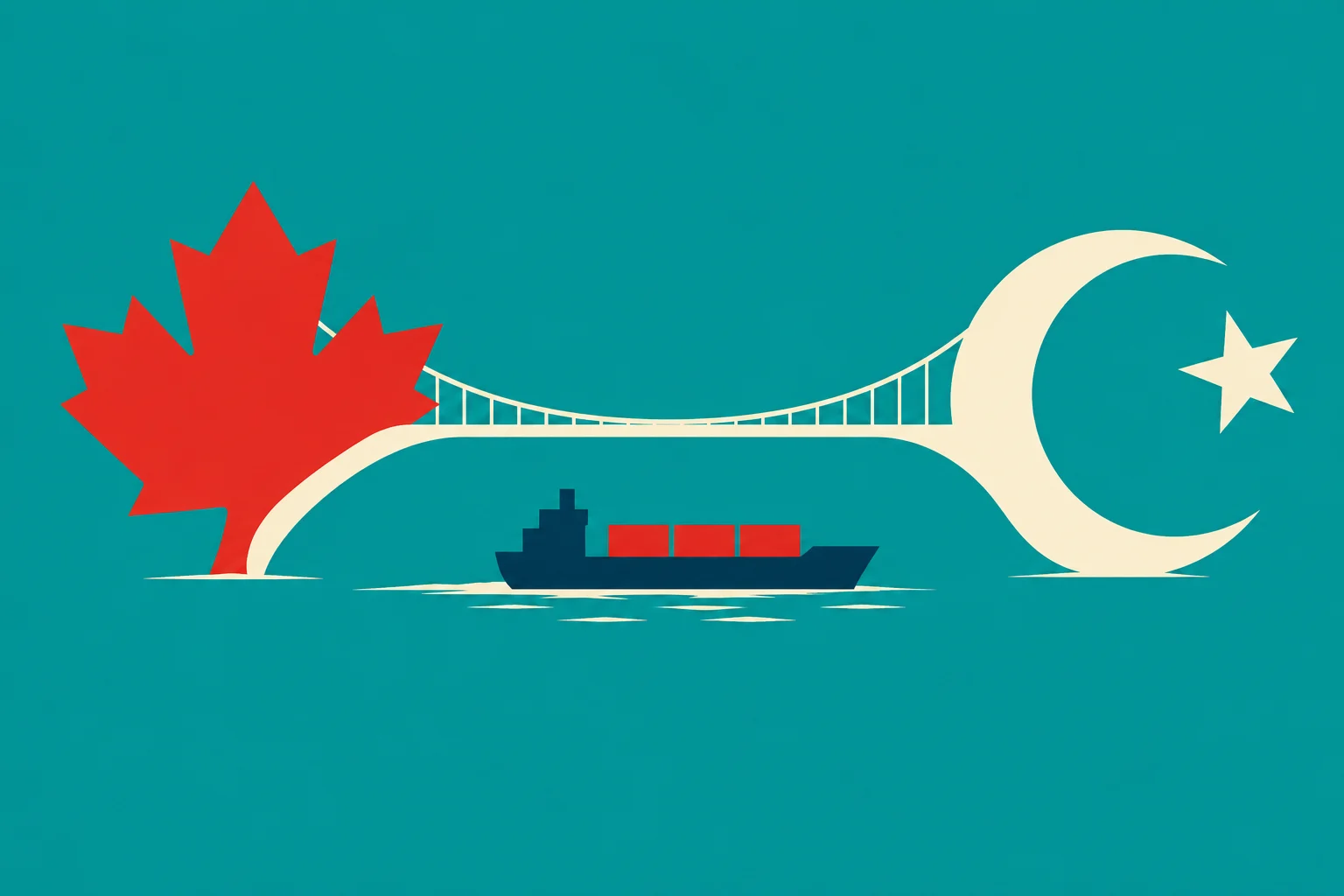 A suspension bridge connects a red Canadian maple leaf to a cream crescent and star, with a cargo ship sailing underneath against a teal background.