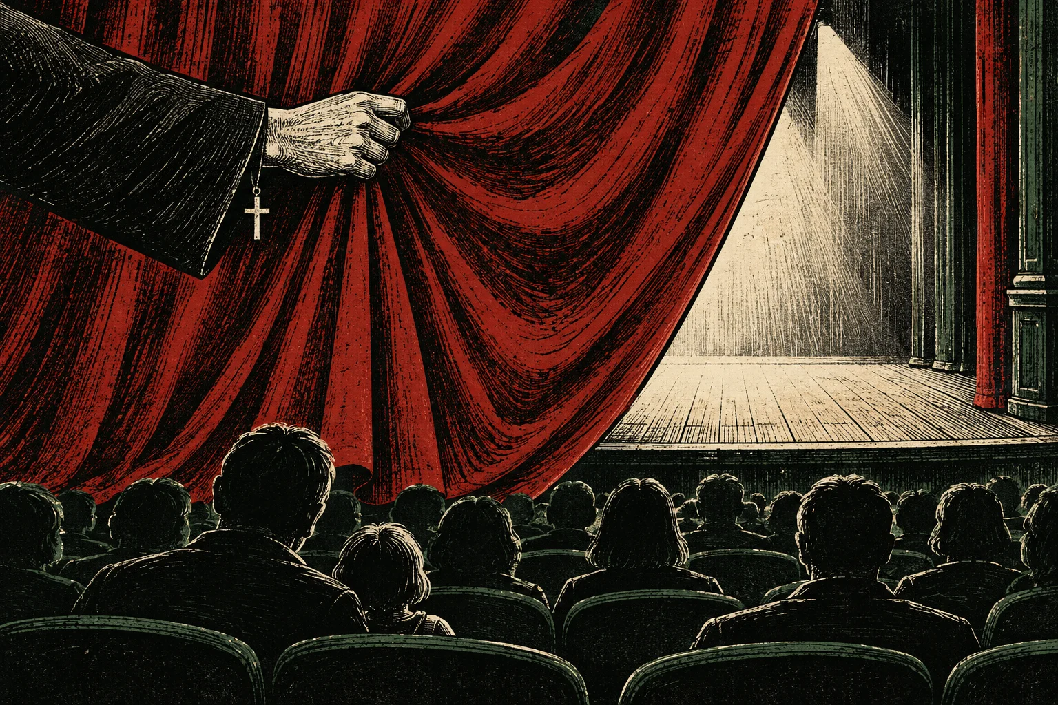 A hand with a dangling cross pulls back a red theater curtain, revealing an empty, spotlighted stage before a seated audience.
