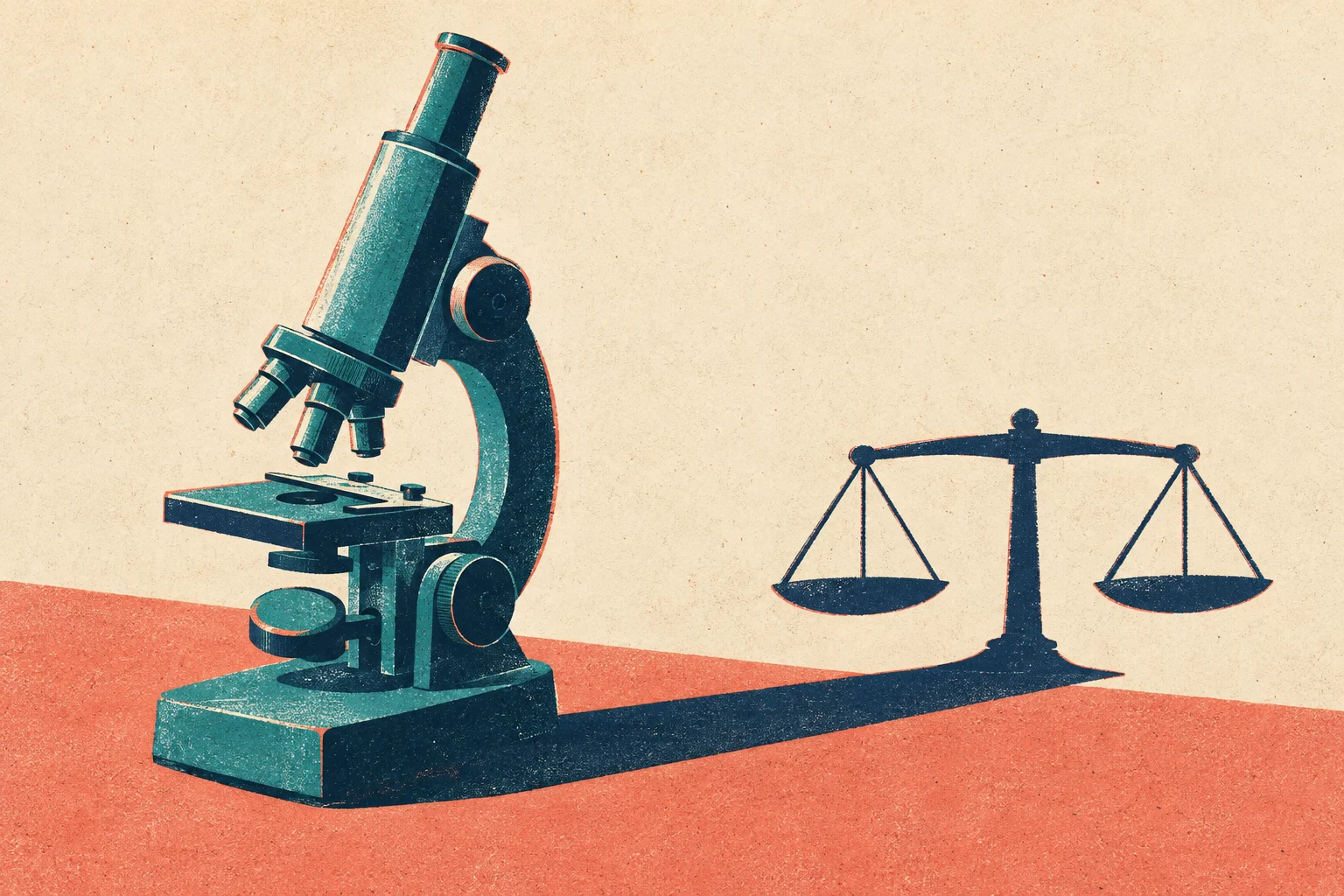 A vintage-style illustration shows a microscope casting a long shadow toward a balanced weighing scale on a coral surface against a cream background.