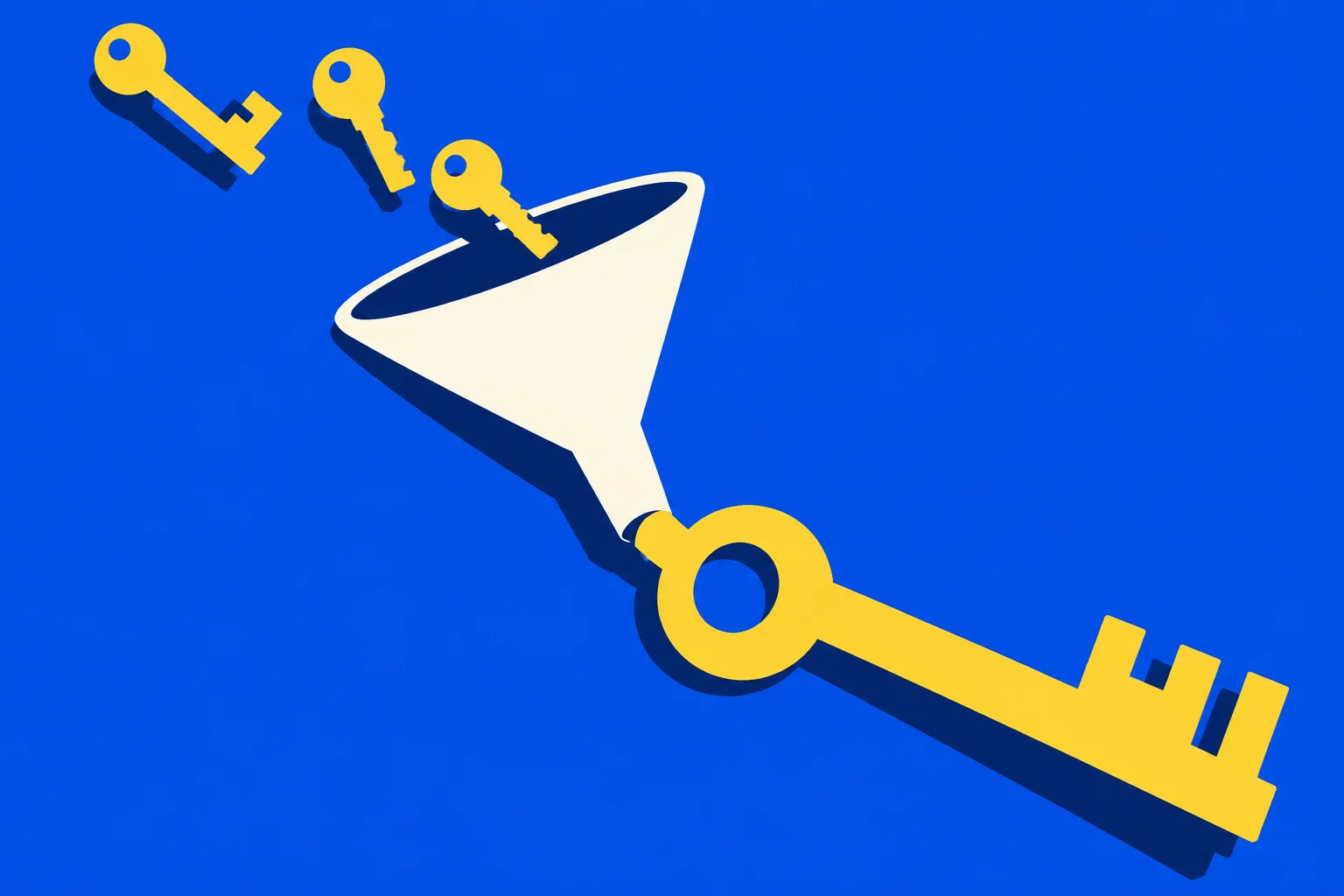 Three small yellow keys enter a white funnel, which produces one large yellow key, against a bright blue background.