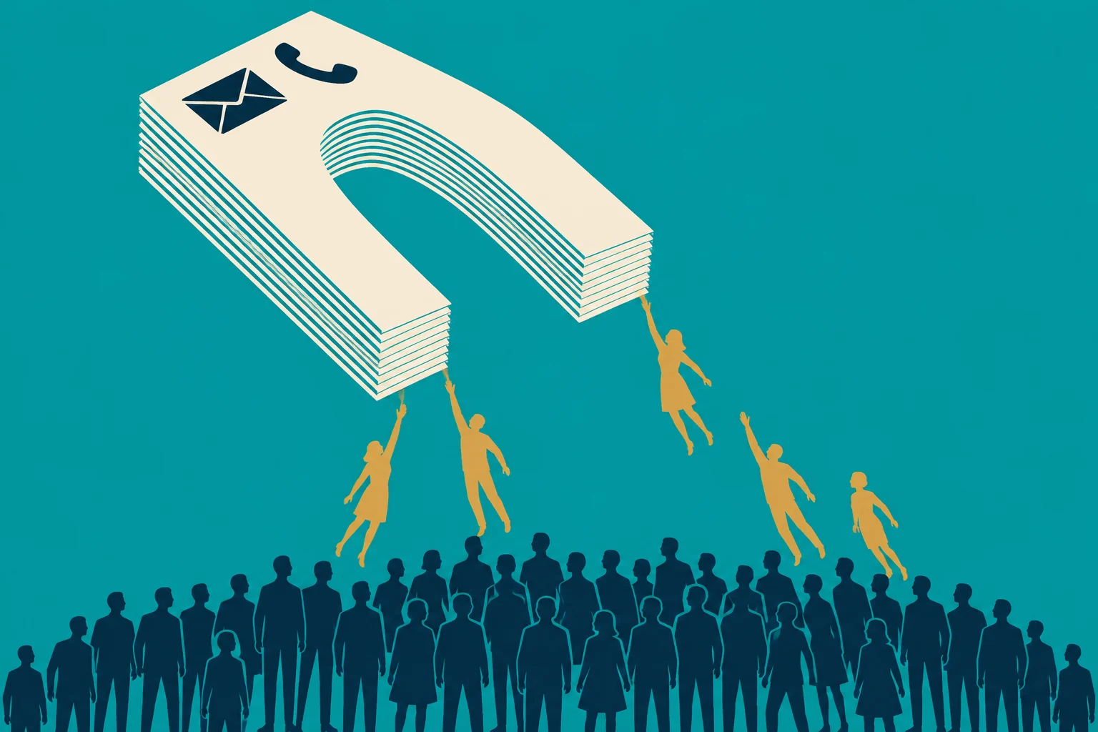 A large horseshoe magnet with phone and envelope symbols lifts several golden people from a crowd of dark blue silhouettes against a teal background.