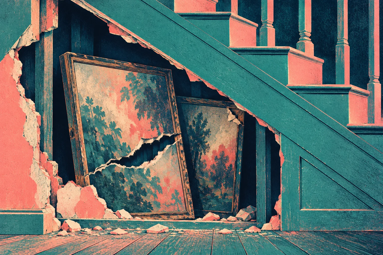Two damaged framed paintings lean amid crumbling plaster beneath a wooden staircase, rendered in textured teal, coral, and cream tones.