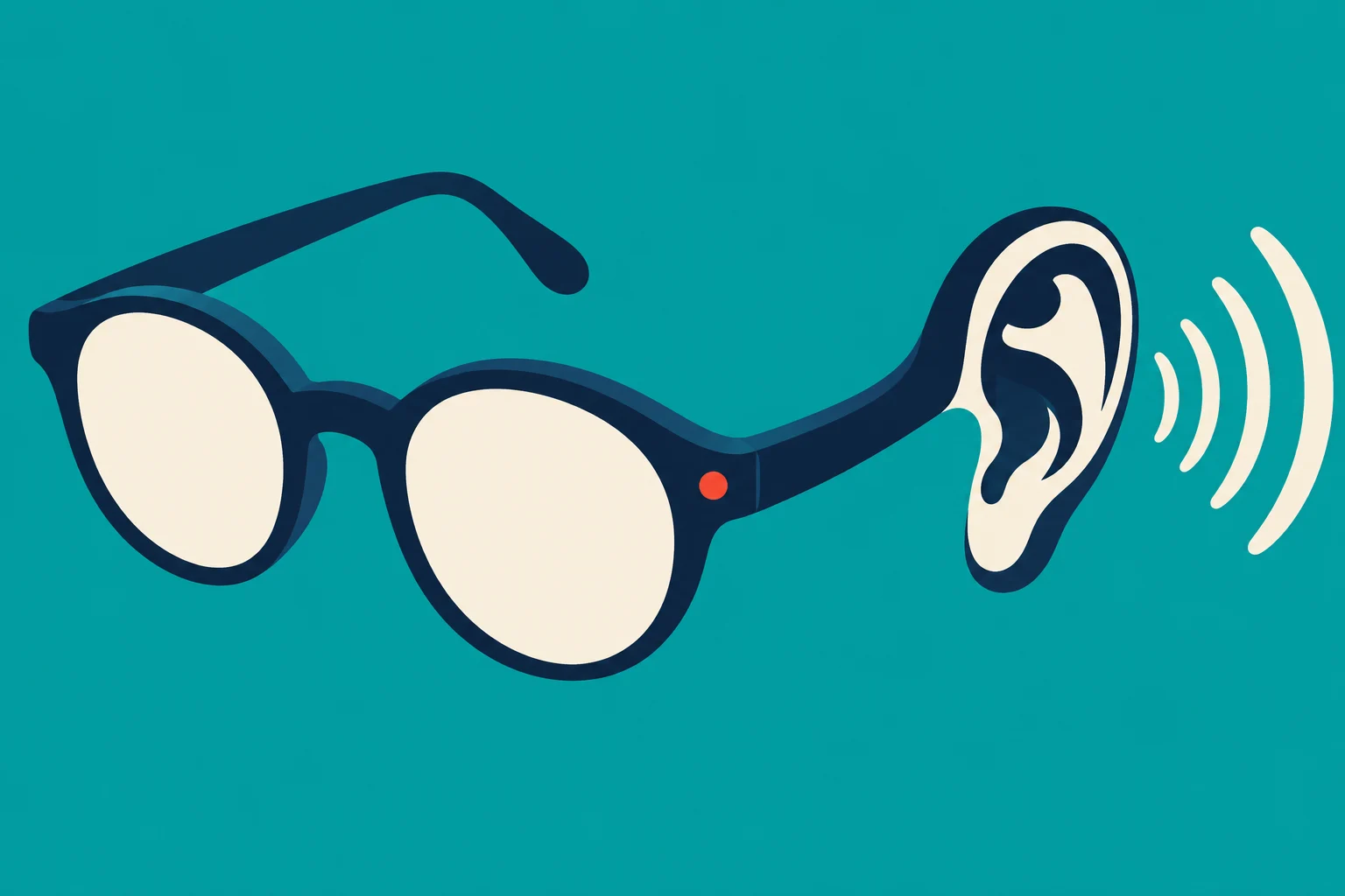 Dark blue glasses connect to a stylized ear with cream sound waves on a teal background.