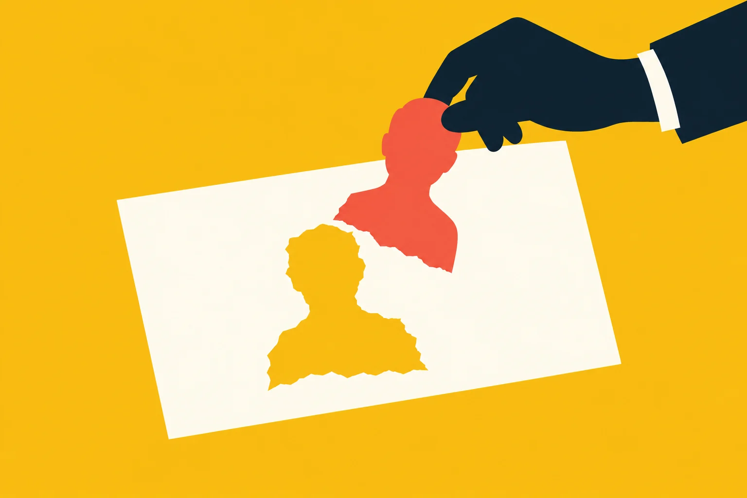 A dark hand lifts a red paper silhouette of a person from a cream sheet with a person-shaped cutout against a yellow background.