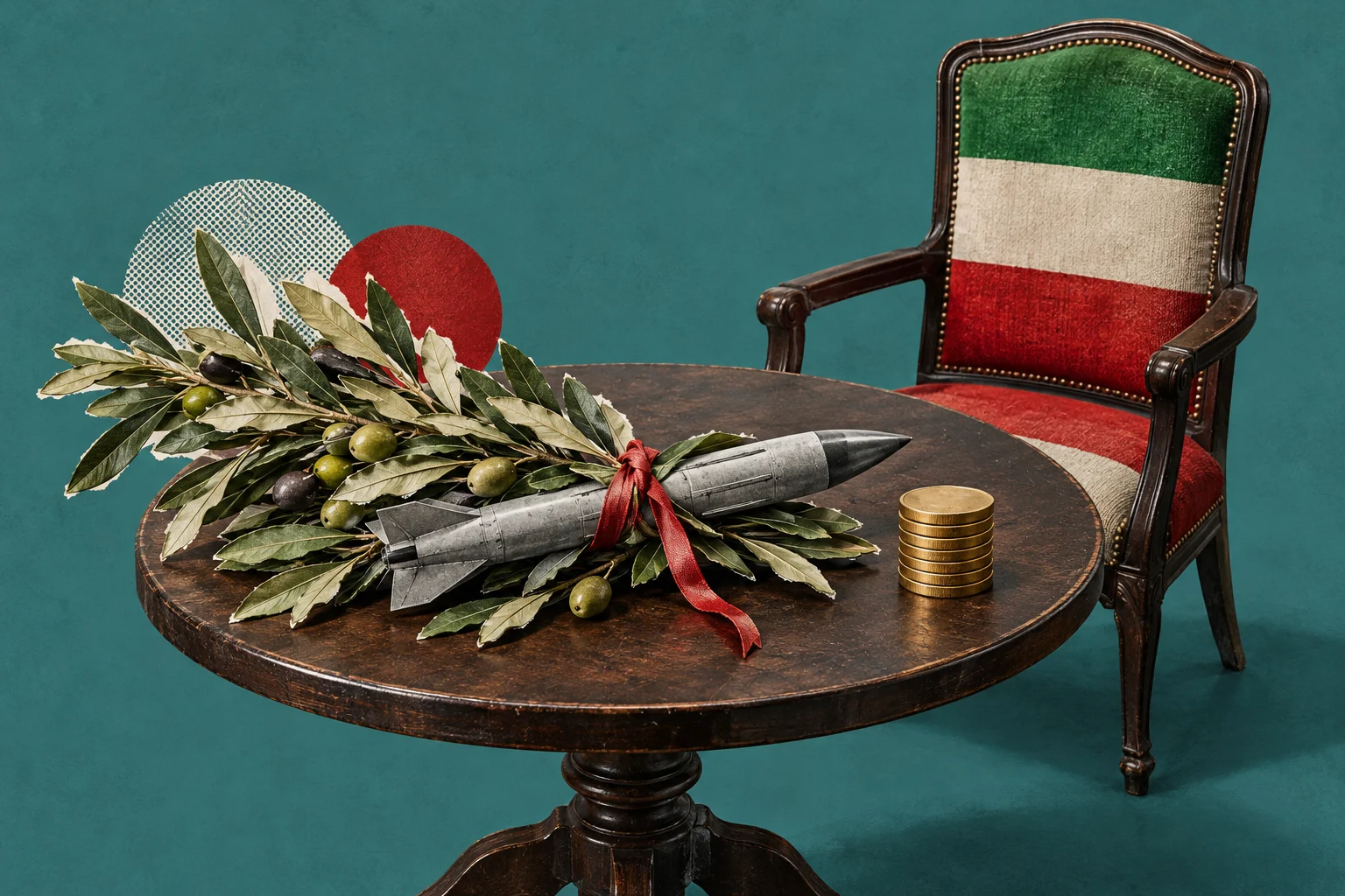 Olive branches tied with a red ribbon surround a missile on a round wooden table beside stacked gold coins and a chair upholstered in Italian flag colors.
