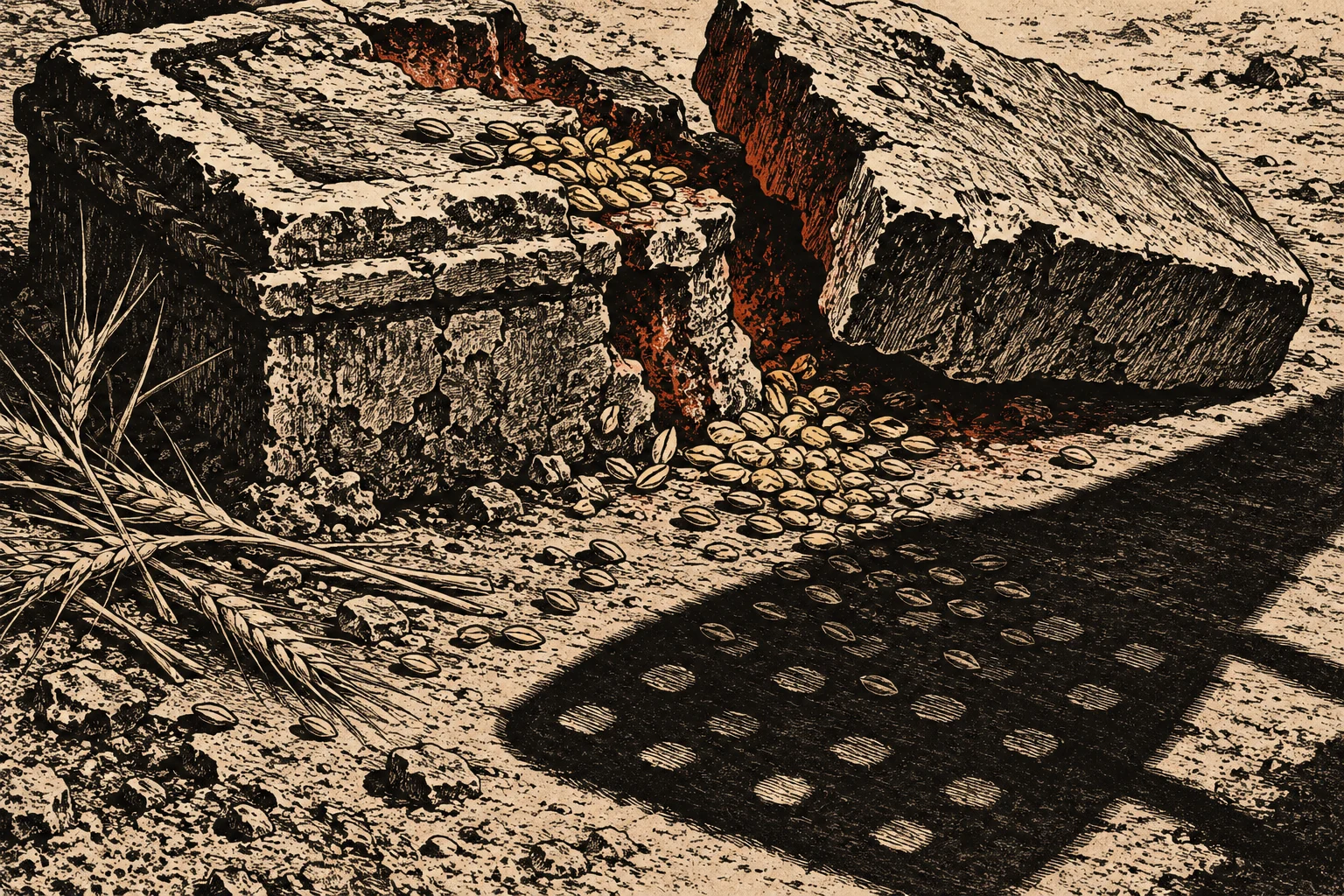 A vintage woodcut shows scattered grain and wheat stalks beside broken stone blocks, with a red fissure and a large perforated rectangular shadow.