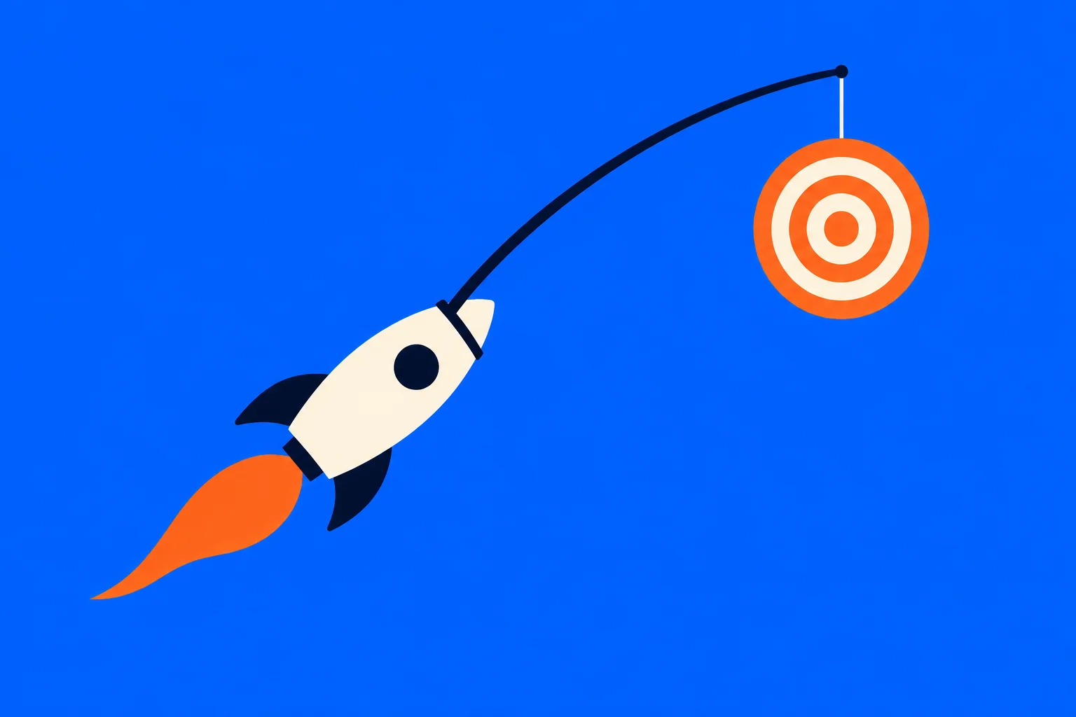 A cream rocket with orange flames follows a curved navy path toward an orange and cream bullseye hanging against a bright blue background.