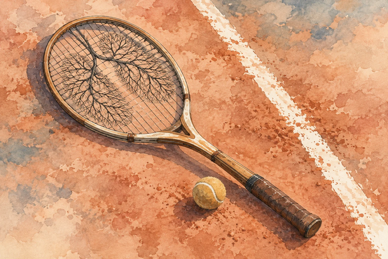 A watercolor painting shows a wooden tennis racket with tree-like patterns in its strings and a yellow ball resting on an orange clay court.