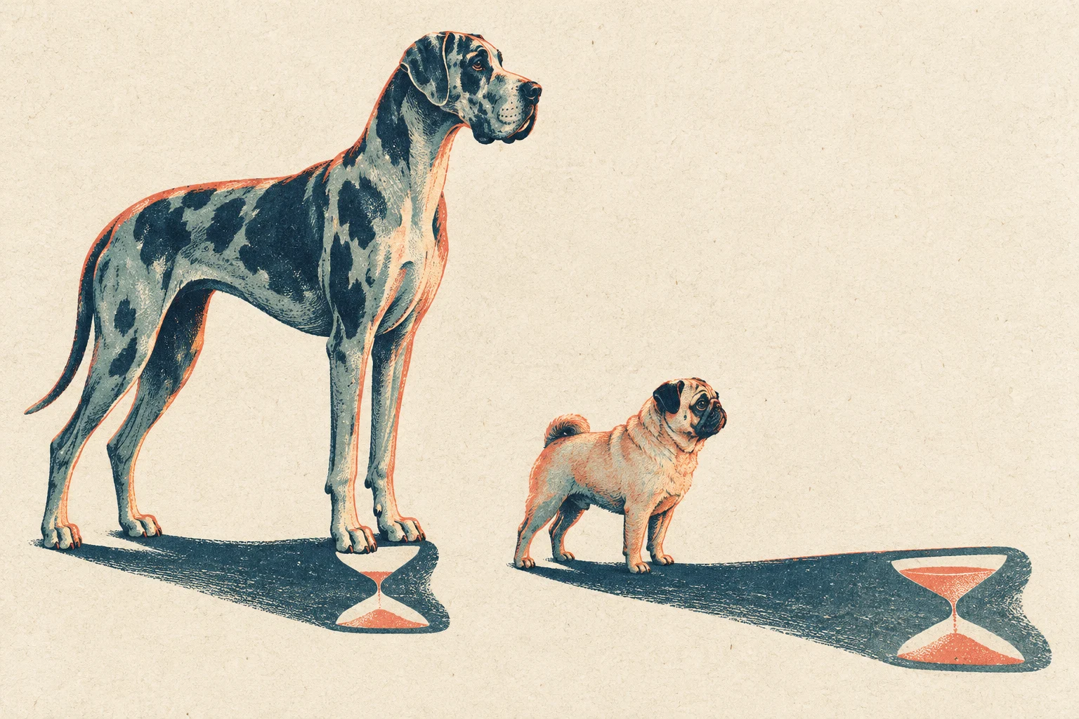 A vintage-style illustration shows a Great Dane and a pug standing on textured cream paper, each casting a long shadow containing an hourglass.