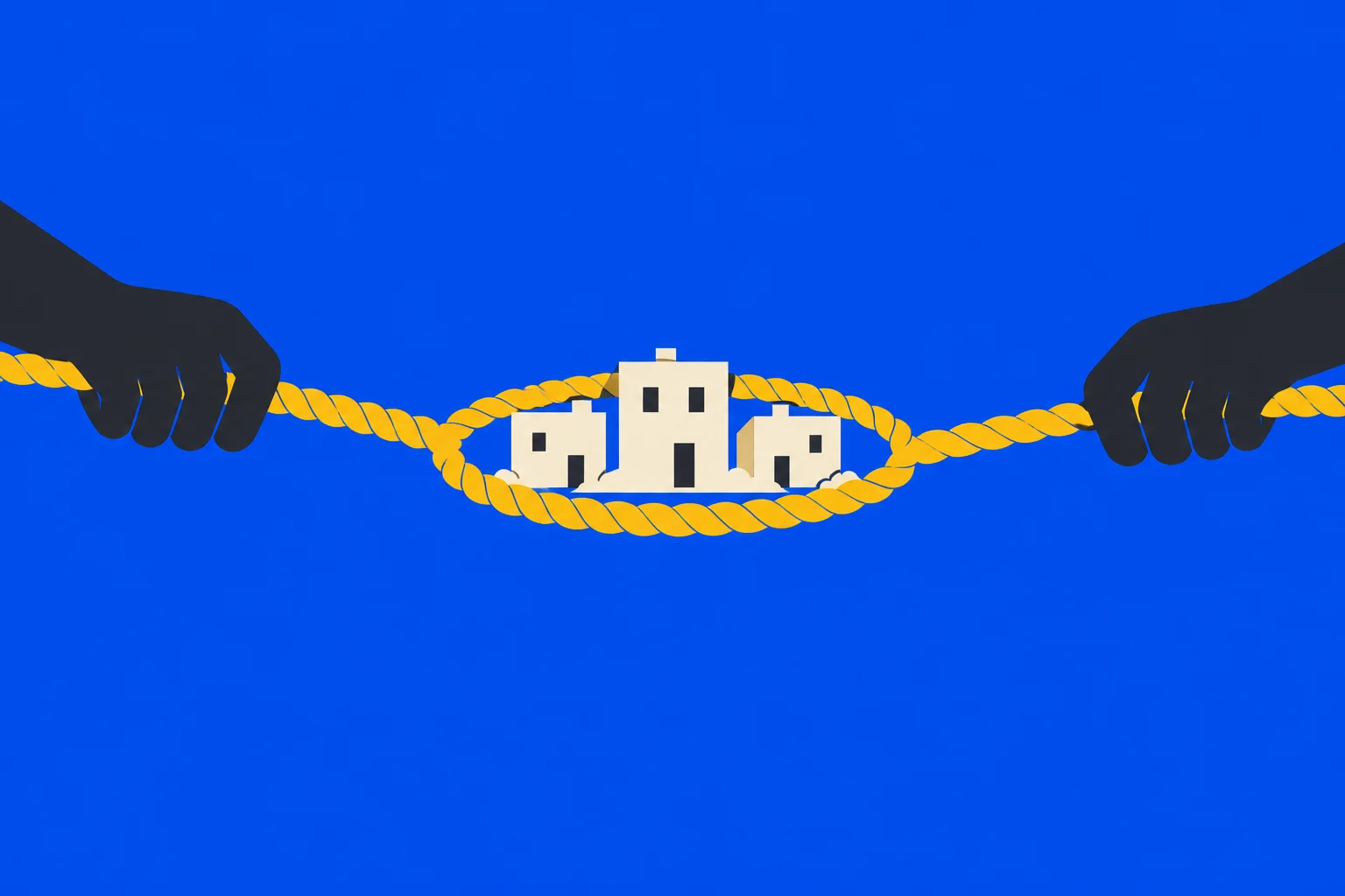 Two dark hands pull a yellow rope loop tightly around a cluster of cream-colored buildings against a bright blue background.