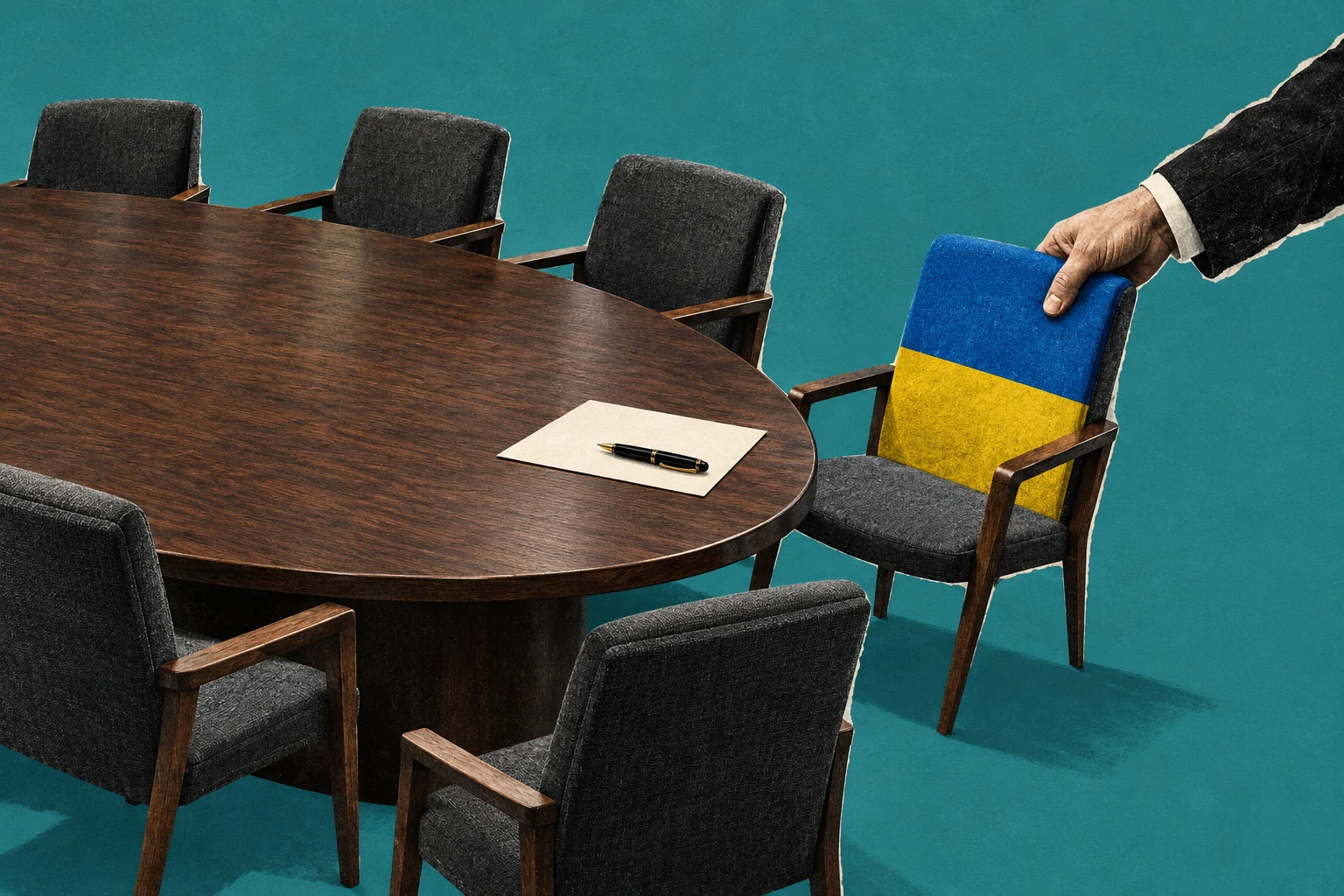 A suited hand pulls out a chair with Ukrainian flag colors at a wooden conference table surrounded by empty chairs, with paper and a pen.