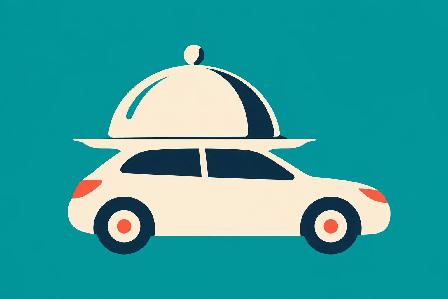 A cream-colored car with dark blue wheels carries a large covered serving dish on its roof against a teal background.