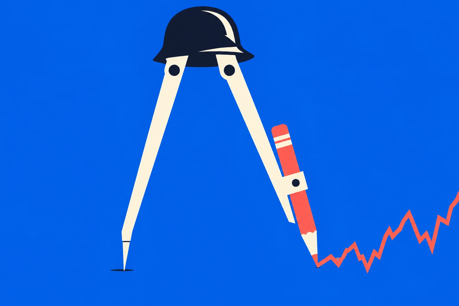 A cream drawing compass wearing a dark helmet holds a red pencil tracing a rising zigzag line against a bright blue background.