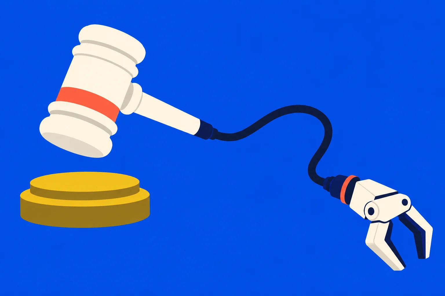 A robotic claw connected by a curved cable to a cream and orange gavel hovers above a golden sound block against a blue background.